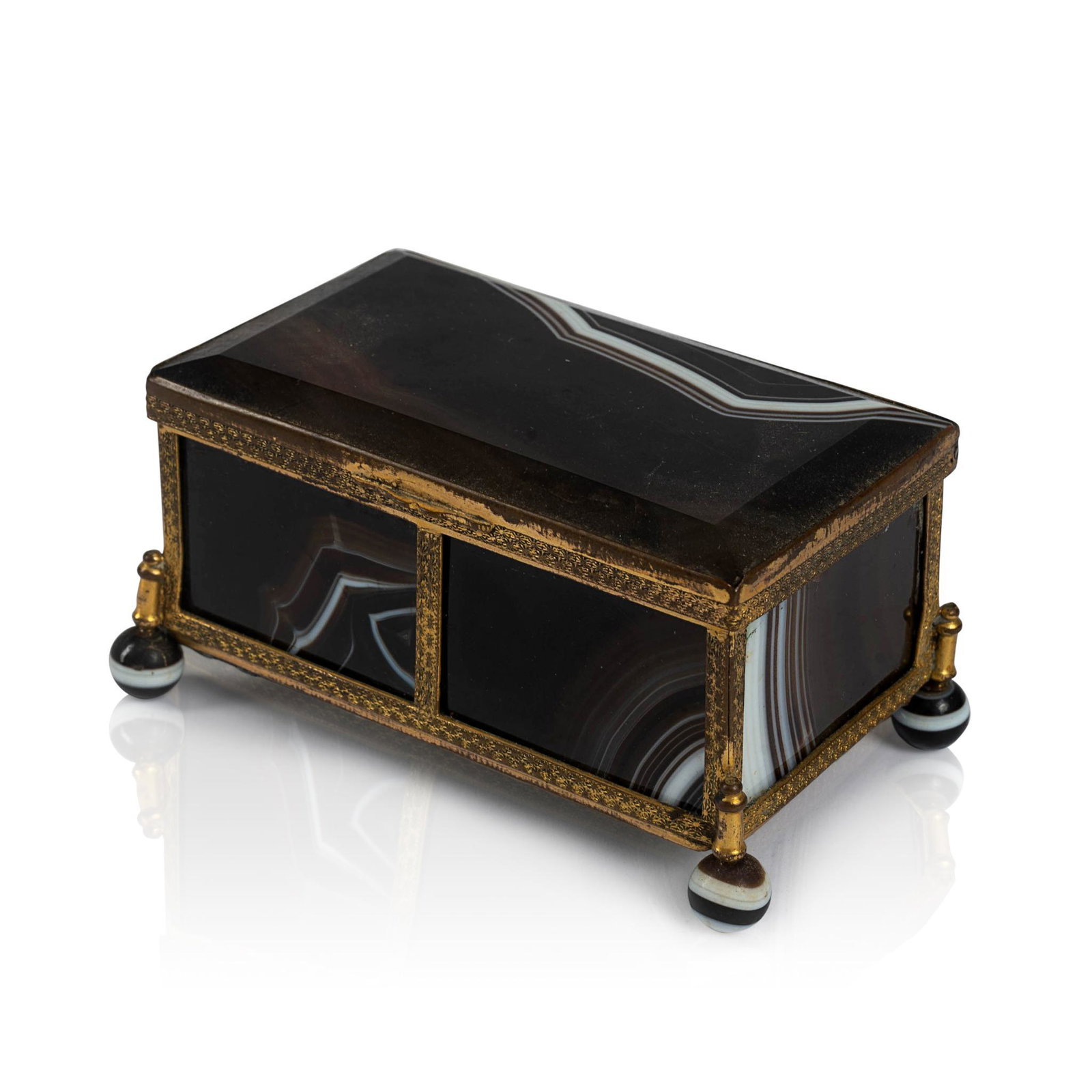 GILT BRASS AND CHALCEDONY JEWELRY BOX ON BALL FEET.: 3 5/8" wide, 2 1/4" deep, 1 7/8" high CONDITION: Good antique condition. No repairs. Expected wear.