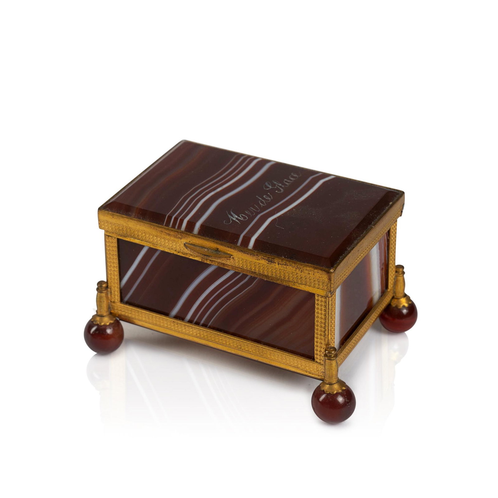 GILT BRASS AND CHALCEDONY JEWELRY BOX ON BALL FEET.: Top engraved "Mer de Glace". 2 3/4" wide, 2" deep, 1 5/8" high CONDITION: Good antique condition. No repairs. Expected wear.