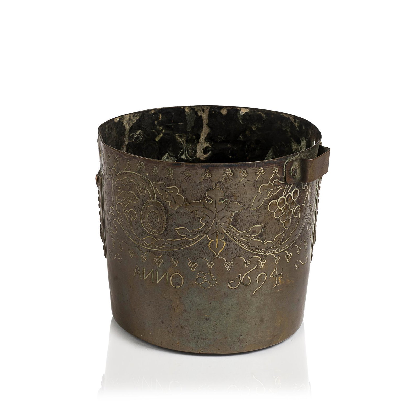 SPANISH BRASS INSCRIBED PRESENTATION BUCKET, 1694.: Height 5.5 inches. Inscribed Marie Teresia Dovchez. Lacking handles. CONDITION: Good antique condition. Expected wear. Lacking handle.