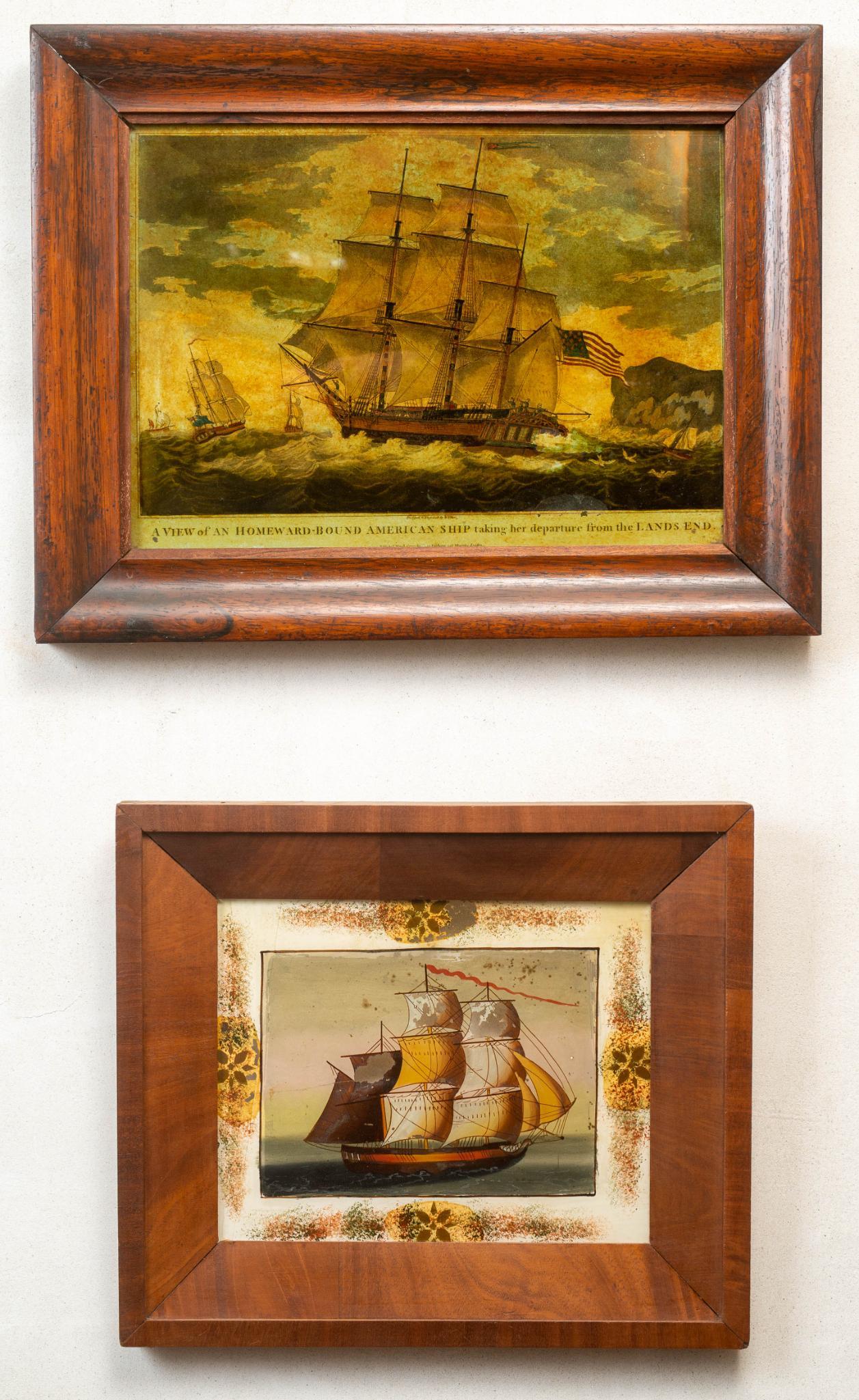 18TH CENTURY GLASS PRINT OF A SHIP. (1 of 5)