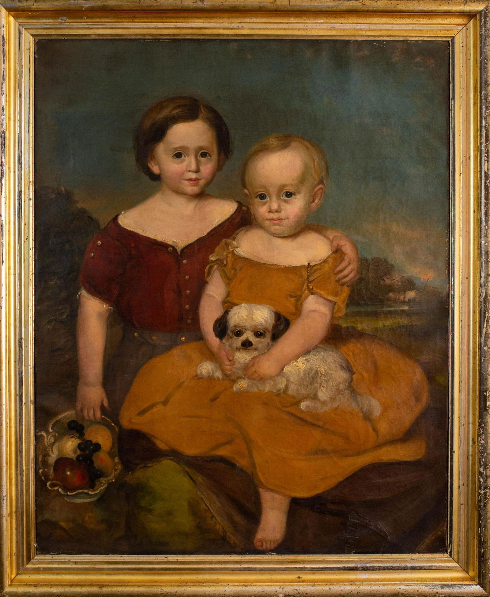 AMERICAN FOLK ART PORTRAIT OF TWO CHILDREN WITH DOG. (1 of 5)