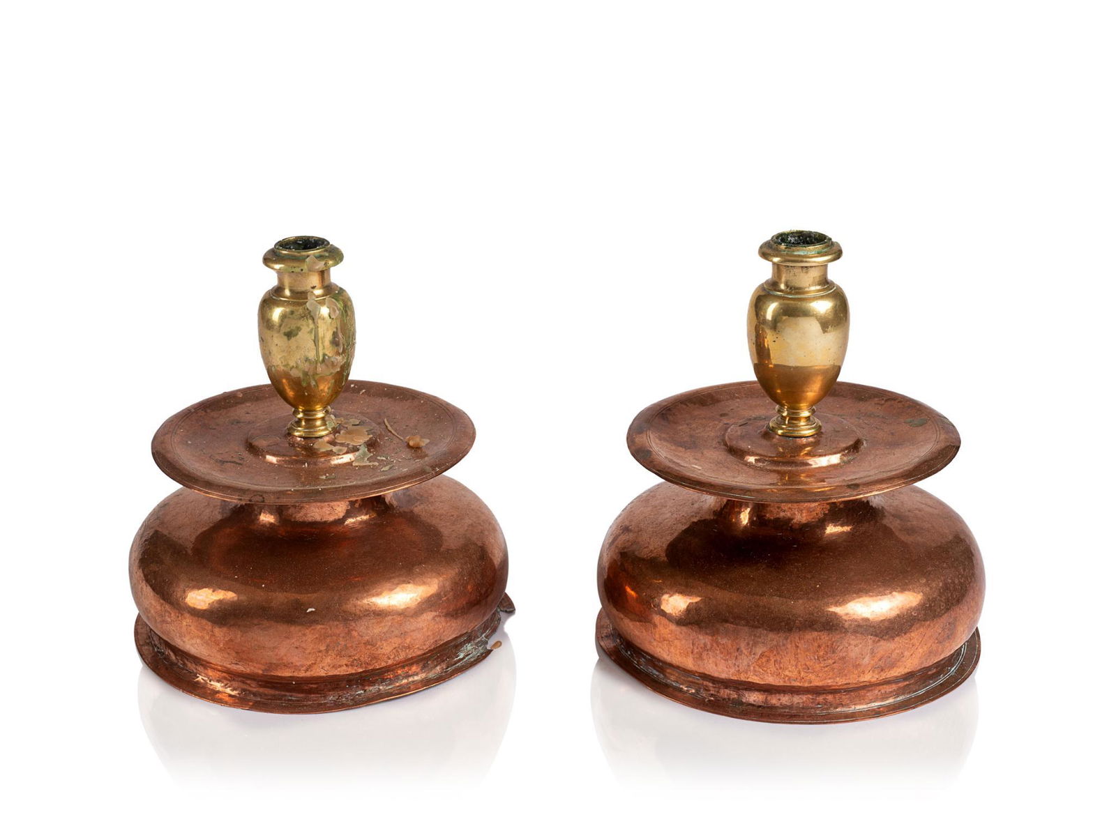 PAIR OF RARE COPPER ALLOY NUREMBERG TYPE CANDLESTICKS. (1 of 3)