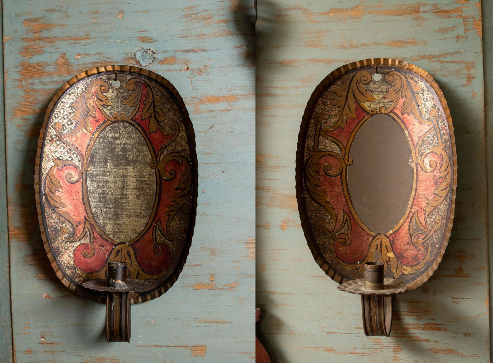PAIR OF PAINTED TIN SCONCES. (1 of 4)