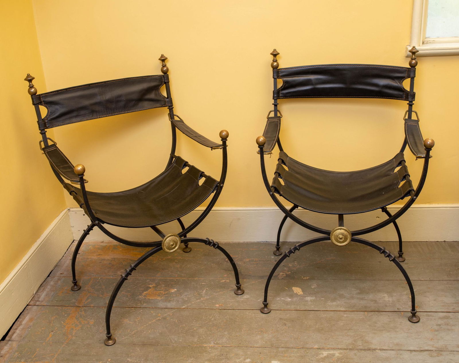 PAIR OF CONTEMPORARY IRON AND BRASS CURULE CHAIRS (1 of 3)