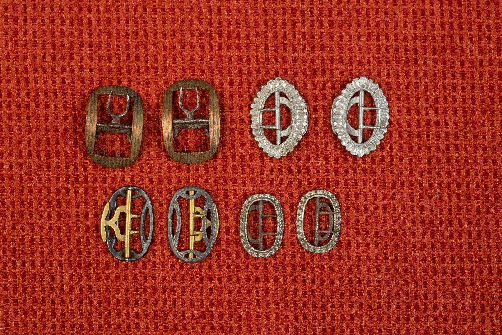 FOUR PAIR OF 18TH CENTURY KNEE BUCKLES.: 1 3/4" long,1 1/8" wide, largest