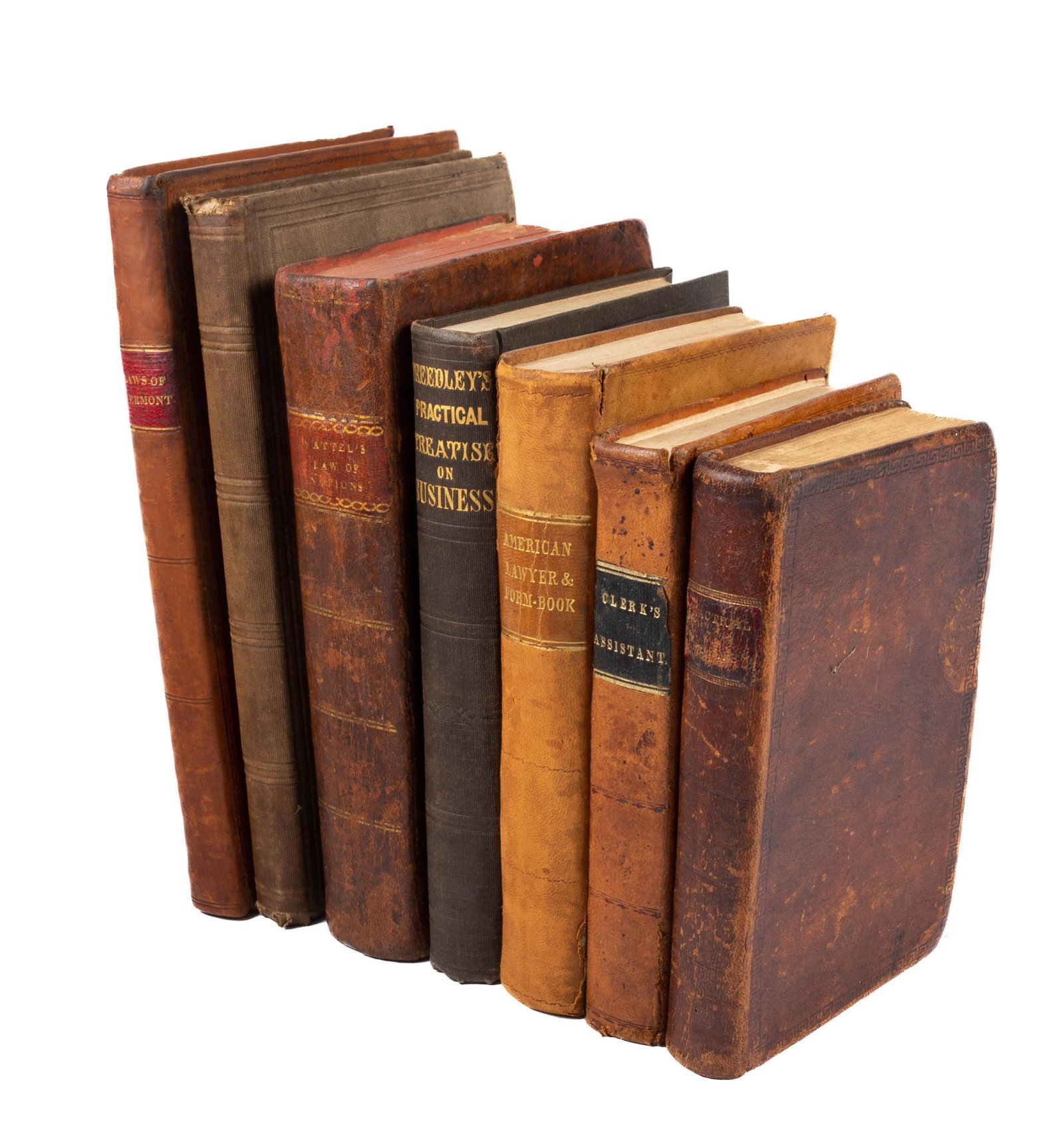 GROUP OF BOOKS ON LAW & BUSINESS - 7 BOOKS: Thompson, Daniel. The Laws of Vermontâ€¦1834. Montpelier, VT: Knapp and Jewett, 1835, bound in leather Practical Forms; with Notes and Referencesâ€¦., Windsor, VT: Simeon Ide, 1823, bound in l