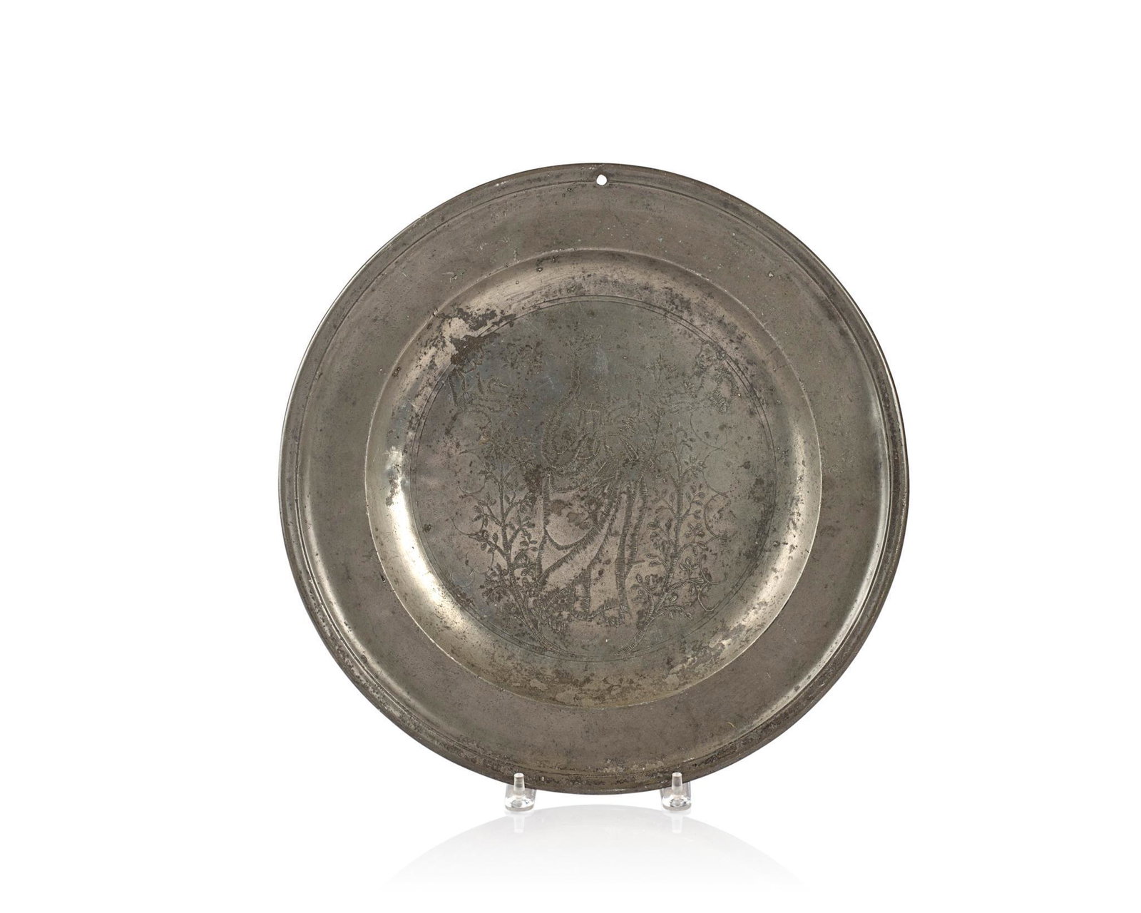 PEWTER CHARGER.: Engraved with madonna and child. Hall marks. Approx. Diameter 17 inches. CONDITION: Good antique condition. Expected wear.