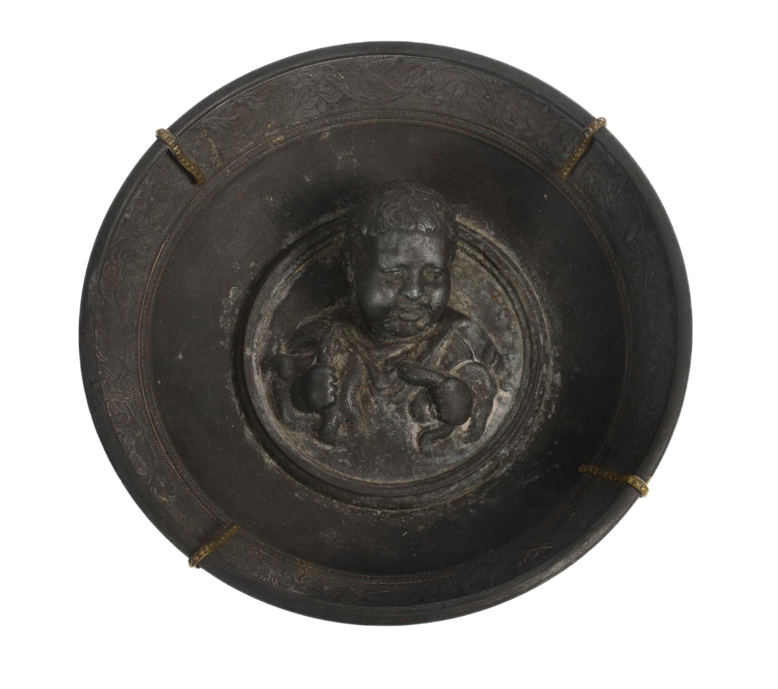 PEWTER BOWL DEPICTING BABY HERCULES AND SNAKES.: With a cast decorative inner rim of birds, dogs and serpents. 8 inches diameter. CONDITION: Good antique condition. Expected wear.
