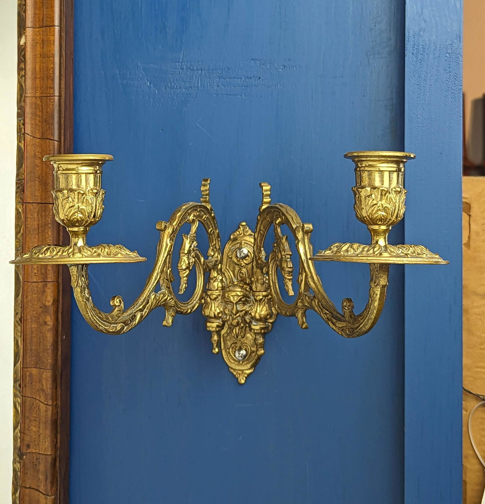 PAIR OF CONTINENTAL BRASS TWO ARM WALL SCONCES. (1 of 3)