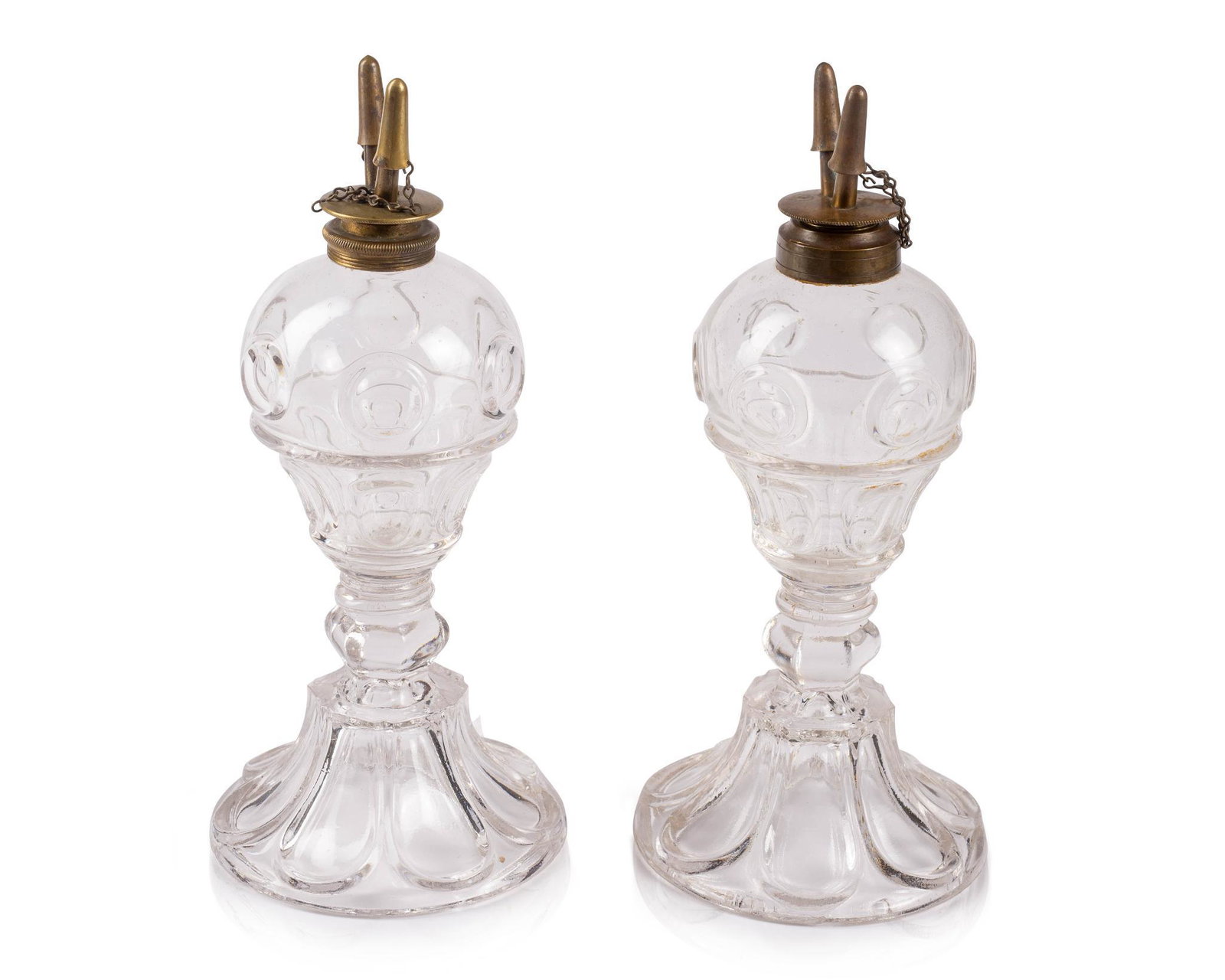 PAIR OF SANDWICH GLASS WHALE OIL LAMPS.: Height 10 inches. CONDITION: Good antique condition. Expected wear. No significant cracks or chips.