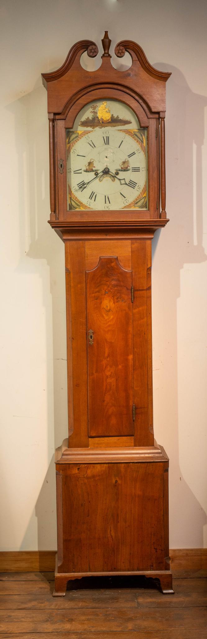 MAHOGANY BONNET-TOP TALL CASE CLOCK. (1 of 5)