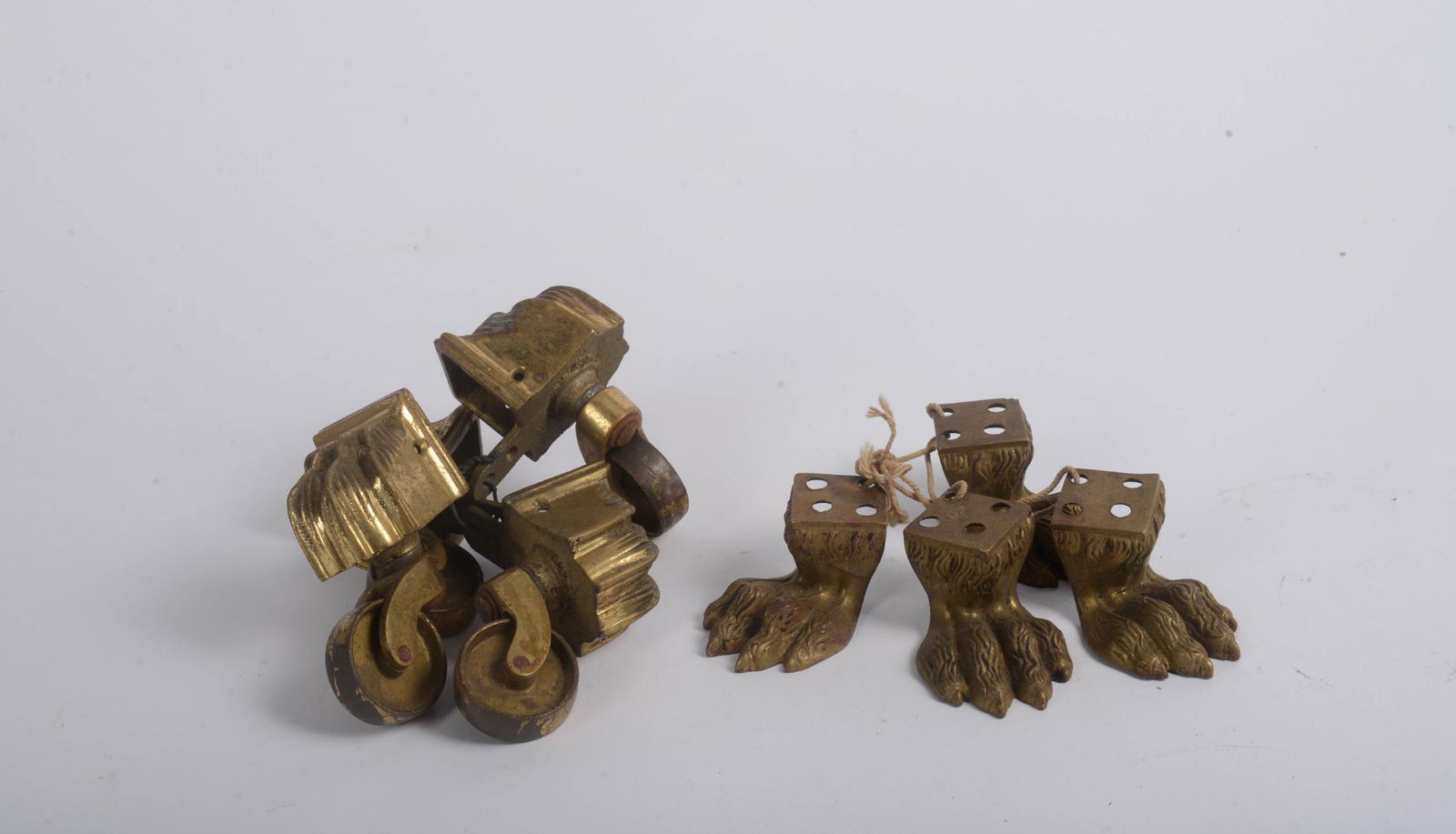 TWO SETS OF CAST BRASS HAIRY PAW FEET/CASTERS (1 of 2)