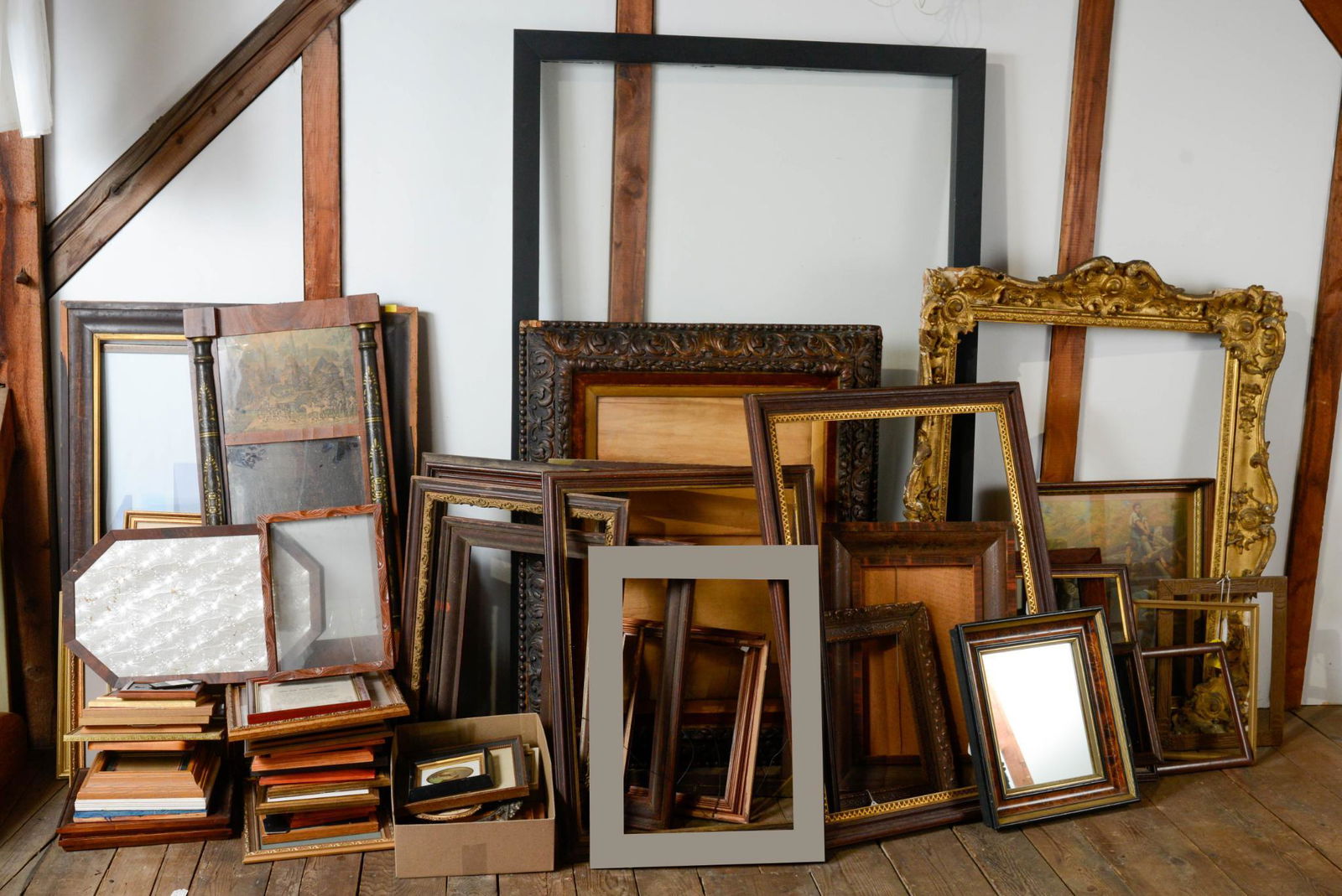 EXTENSIVE GROUP OF OLD WOODEN PICTURE FRAMES.: Many 19th century, but including some contemporary examples. 29.5 x 36.75 inches - bezel on ornate gilt frame.CONDITION:LOCAL PICK-UP ONLY. NO SHIPPING AVAILABLE.