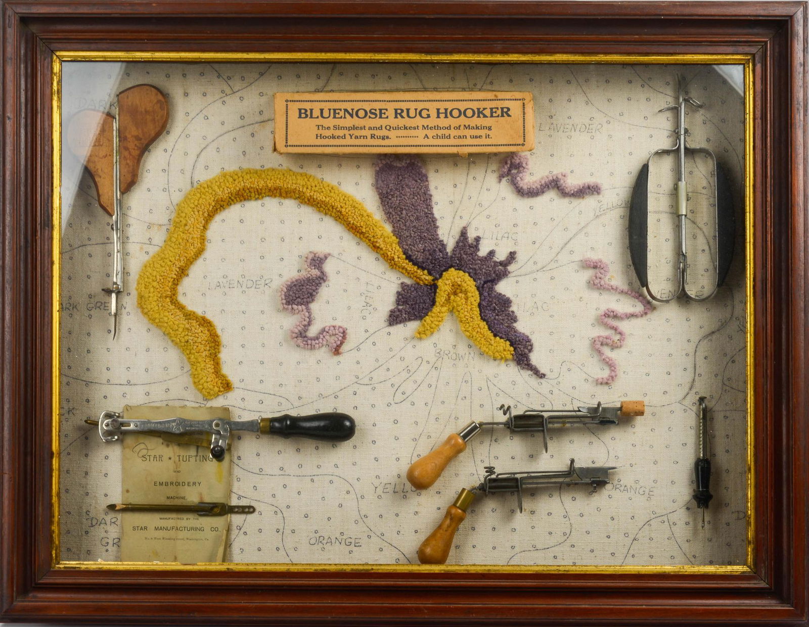 SHADOW BOX DISPLAY ON RUG HOOKING.: From an office at edward fields. Frame 22 x 29 inches.
