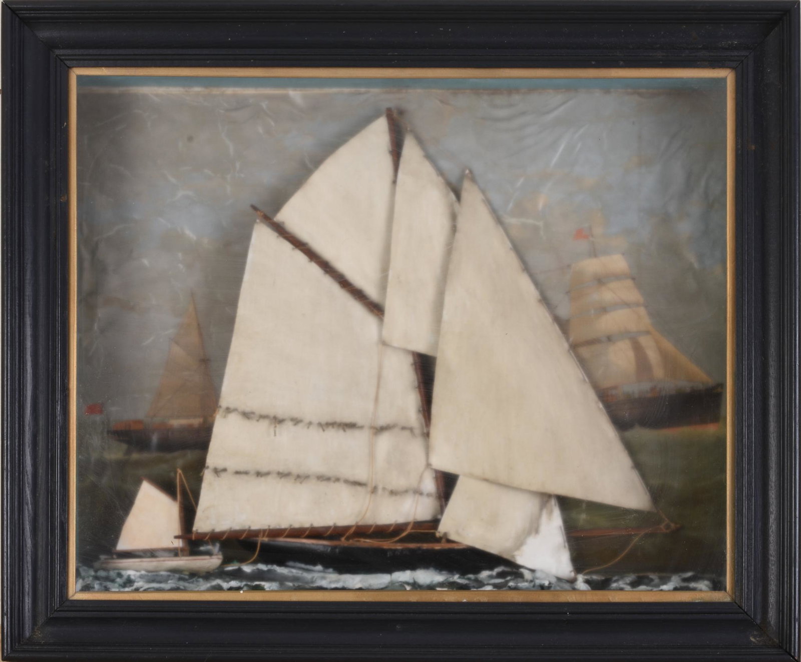 Folk Art Carved and Painted Ship Diorama.: Frame 30 x 36 inches.
