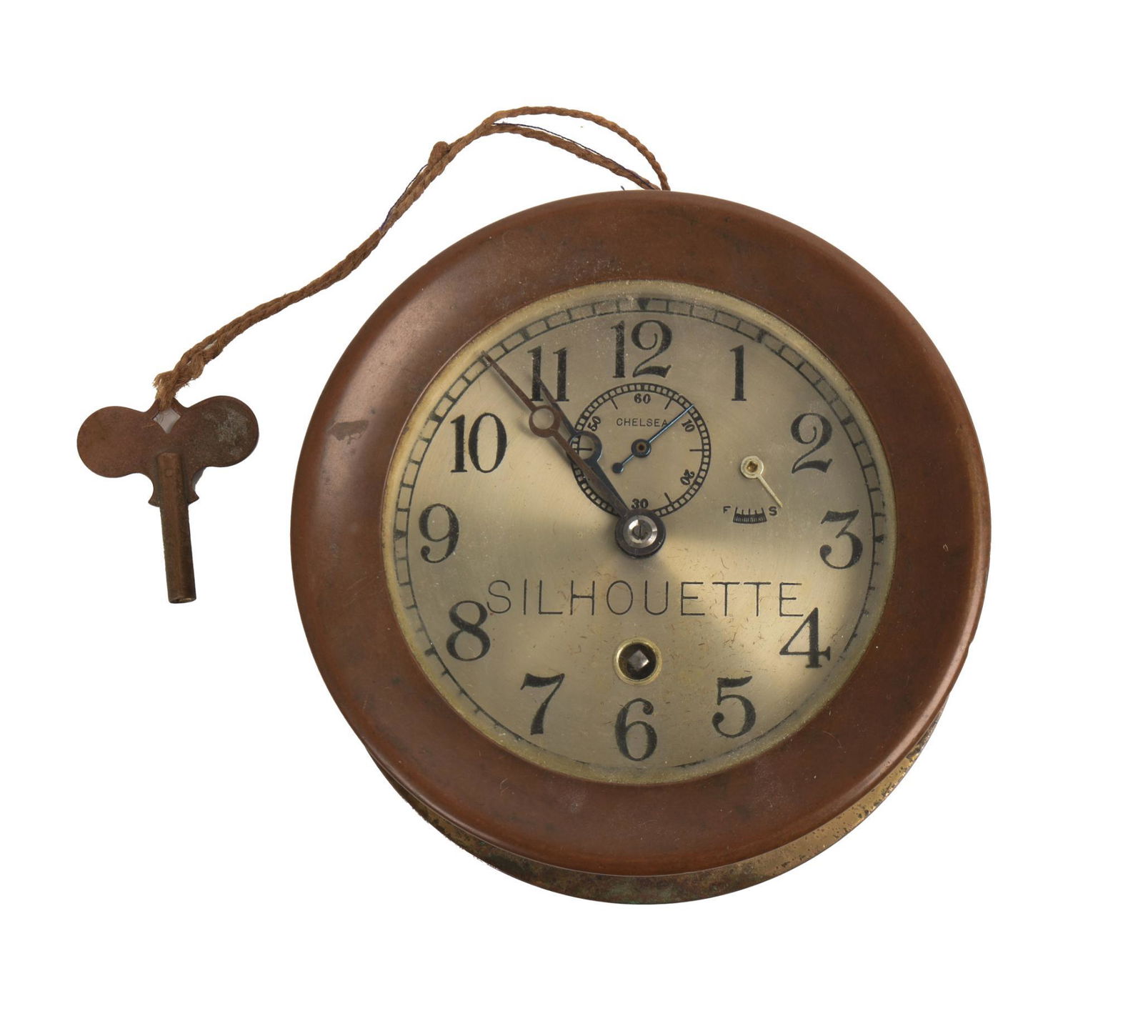 Chelse Silhouette Ship's Clock.: Diameter 5.5 inches. Appears to be in working order, may need servicing.