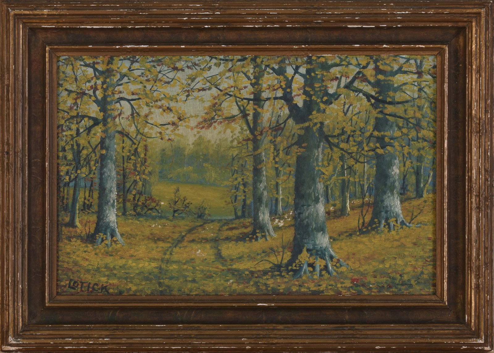 Carl Lotick (1878-1958) Fall Landscape Among the Trees.: Signed LL. Oil on board, 9 x 14 inches, frame 12 1/2 x 17 1/2 inches.