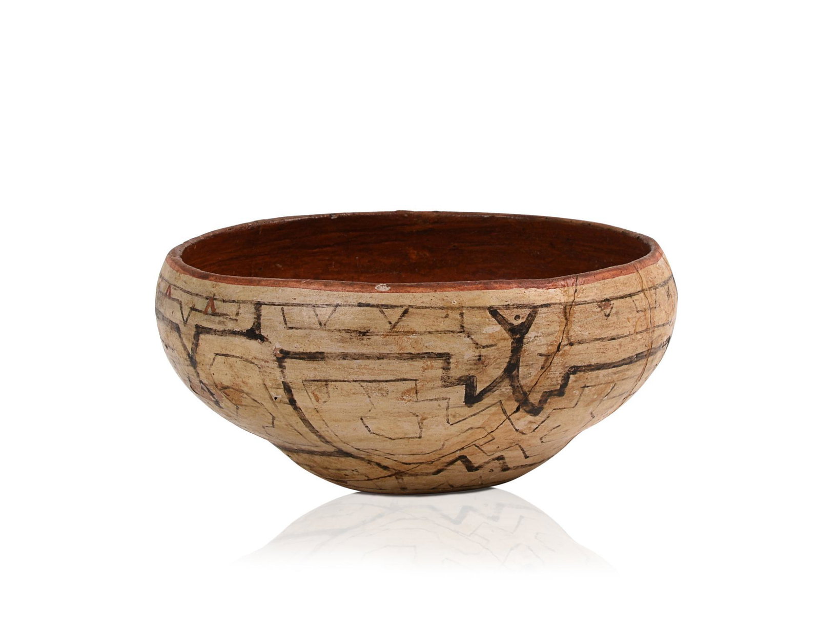 Peruvian Shipibo Bowl With Geometric Decoration.: Diameter 6 inches. Repaired breaks.