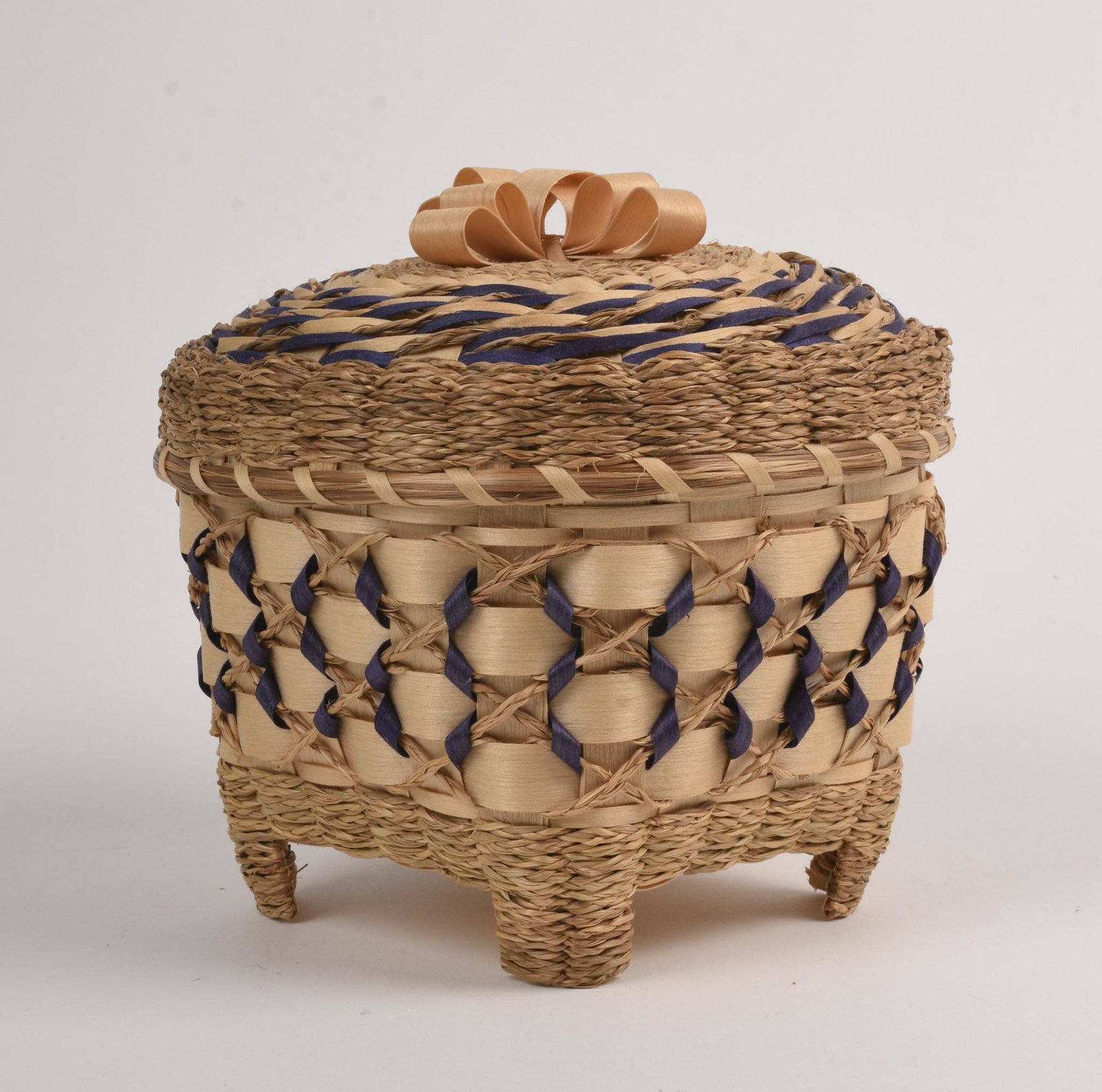 Clara Neptune Keezer Wabanaki Woven Basket.: 1996. Passamaquoddy. Round basket with cover, blue tones. Height 6 inches, diameter 6.5 inches.