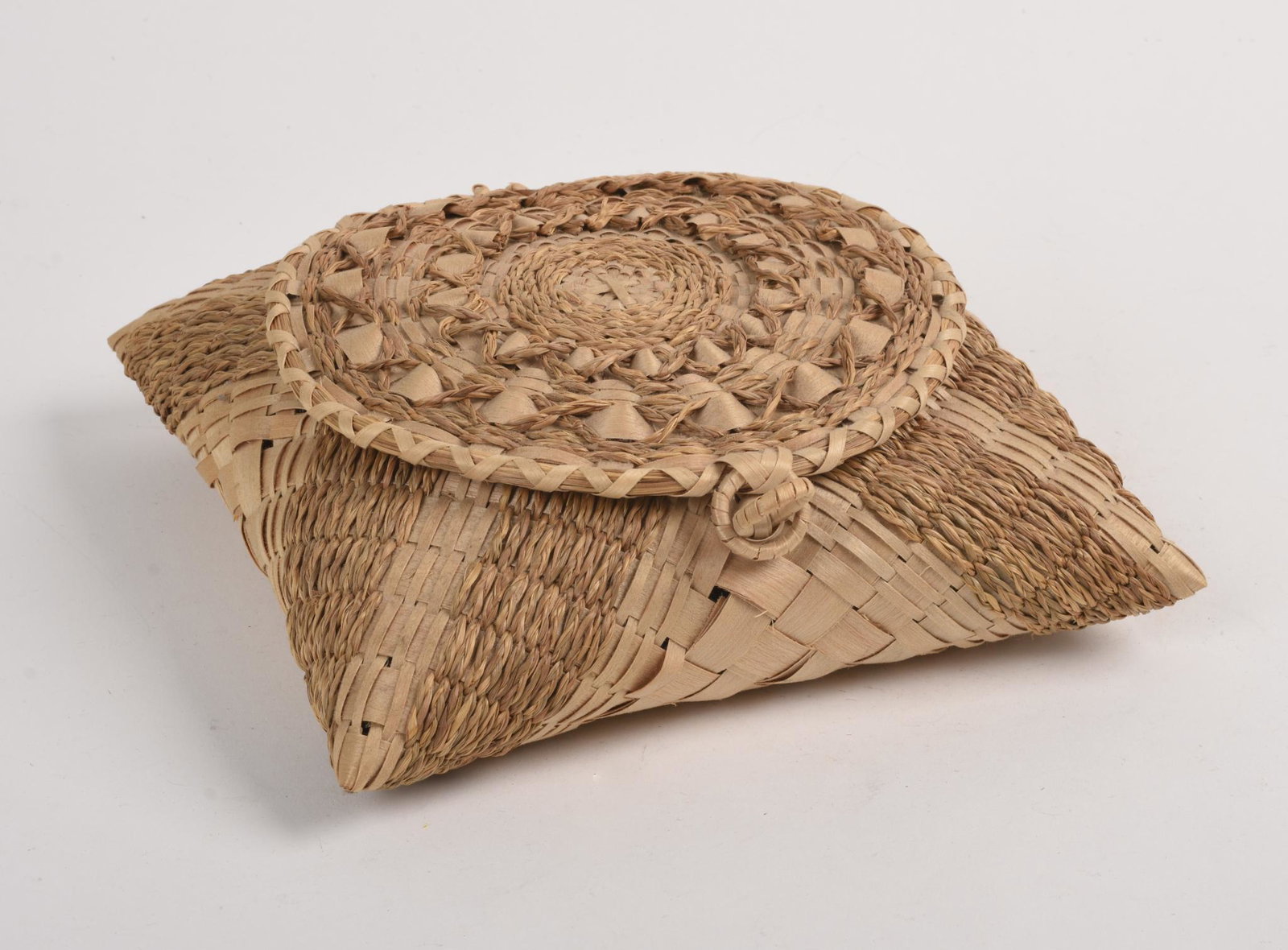 Clara Neptune Keezer Wabanaki Woven Basket.: 1998. Passamaquoddy. Square pillow shape. Width 8 inches.