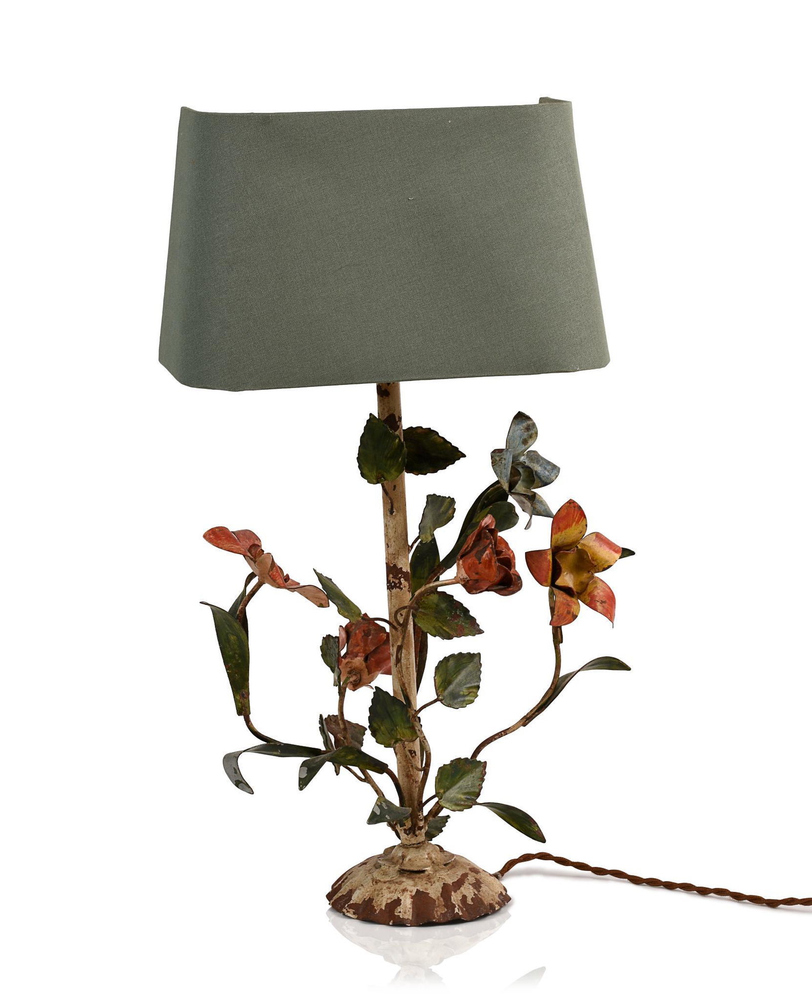 Tole Lamp With Flowers.: Overall height 18 inches. Needs to be rewired.