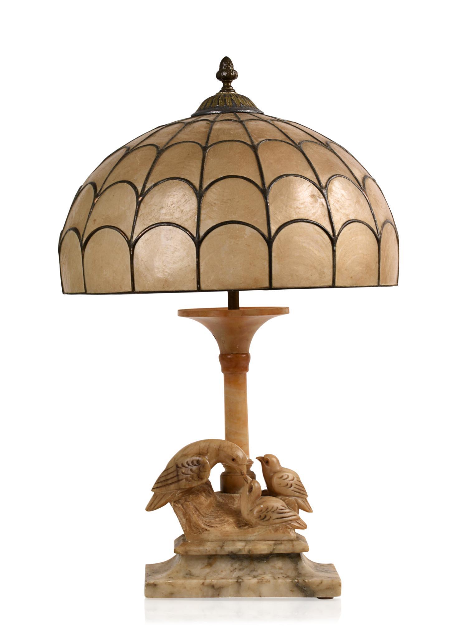 Carved Marble Lamp With Mother and Baby Birds.: With a plasticine shade in the manner of slag glass, overall height 23 inches. Wiring appears in good order, not tested.