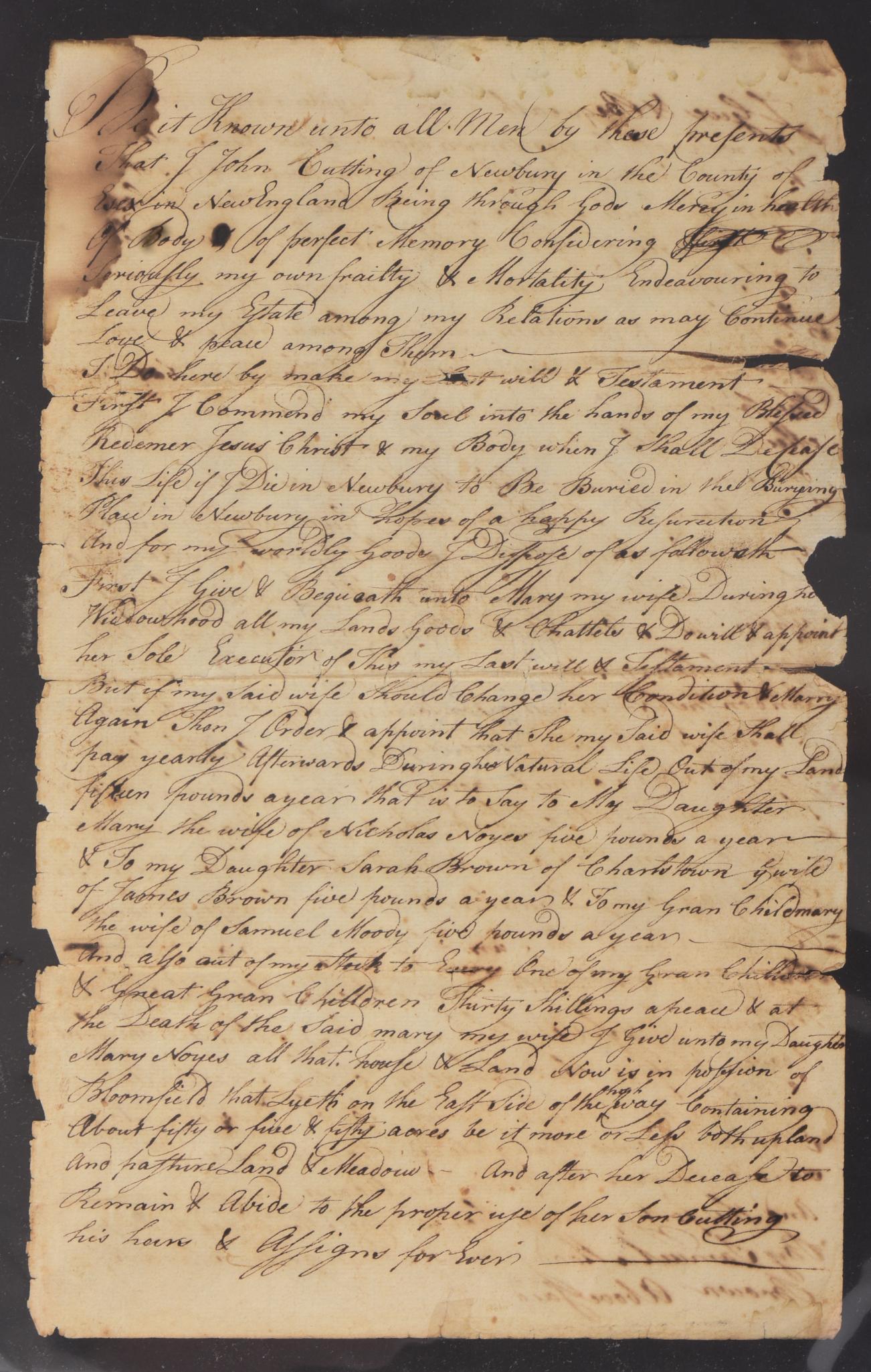 Draft Copy of John Cutting's Will: Circa 1659, sheet 12 x 7.5 inches. A sea captain, Cutting made 13 or more Atlantic crossings; in 1634 he was master of the Francis, which brought colonists from Ipswich. In 1636 he took up land at Wat