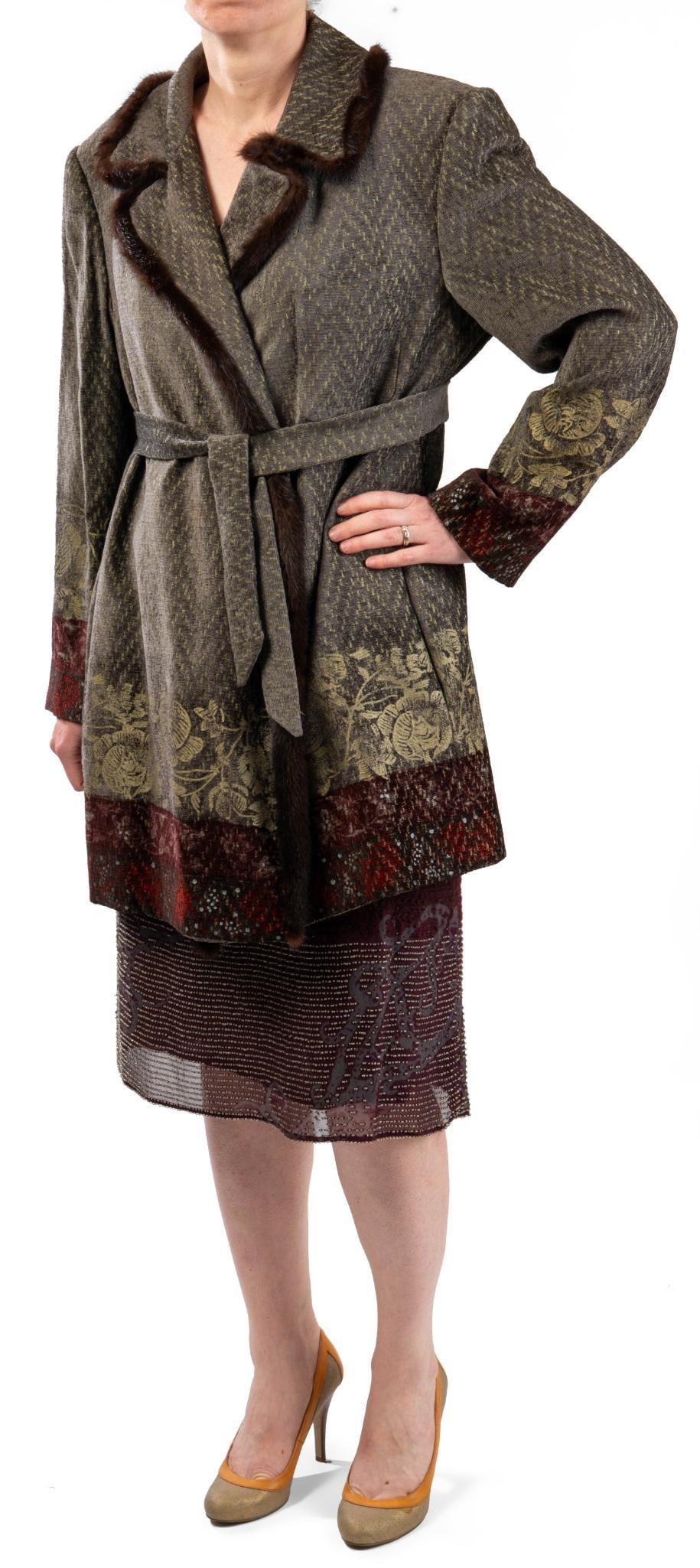 ETRO Skirt Suit with Camisole, Size 46 & 40: Jacket size 46, Skirt & Camisole size 40. Gray and burgundy velvet like fabric, fur trim on jacket lapels. CONDITION:These are used articles, and may exhibit minor stains, wear, slight odors, and