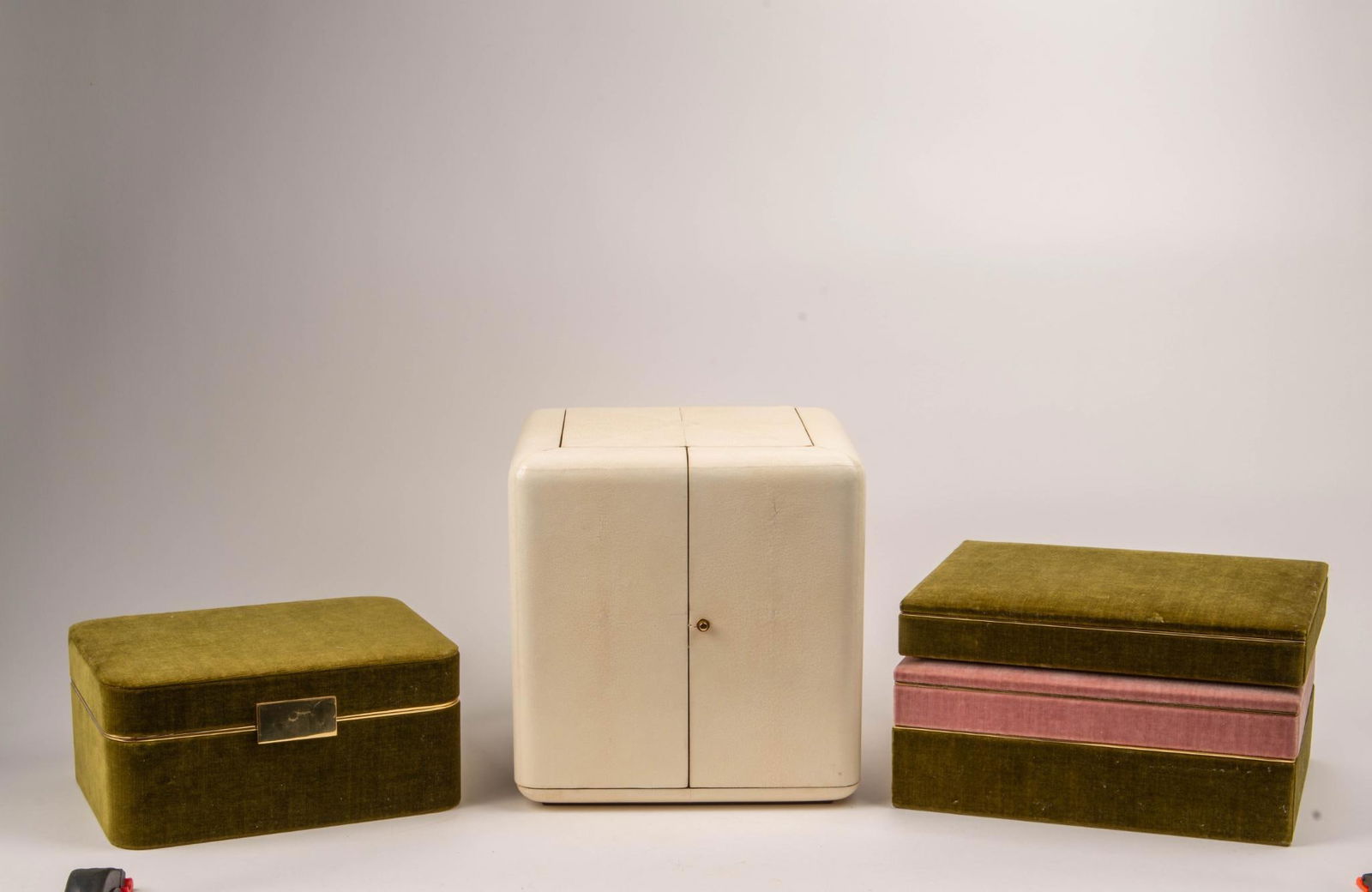 Ralph Lauren and Aerin Jewelry Boxes.: Ralph Lauren shark skin box, some wear, and three Aerin velvet boxes. CONDITION:These are used articles, and may exhibit minor stains, wear, slight odors, and other minor defects. We have attempted to