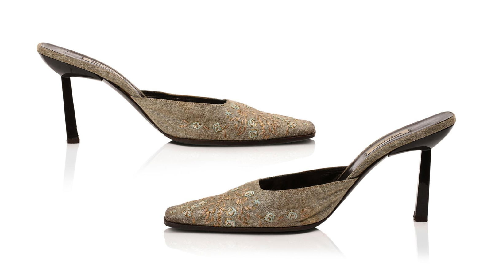 Moschino Embroidered Evening Mule, 40: Size 40 CONDITION:These are used articles, and may exhibit minor stains, wear, slight odors, and other minor defects. We have attempted to show any major damage in photographs and note it in the descr