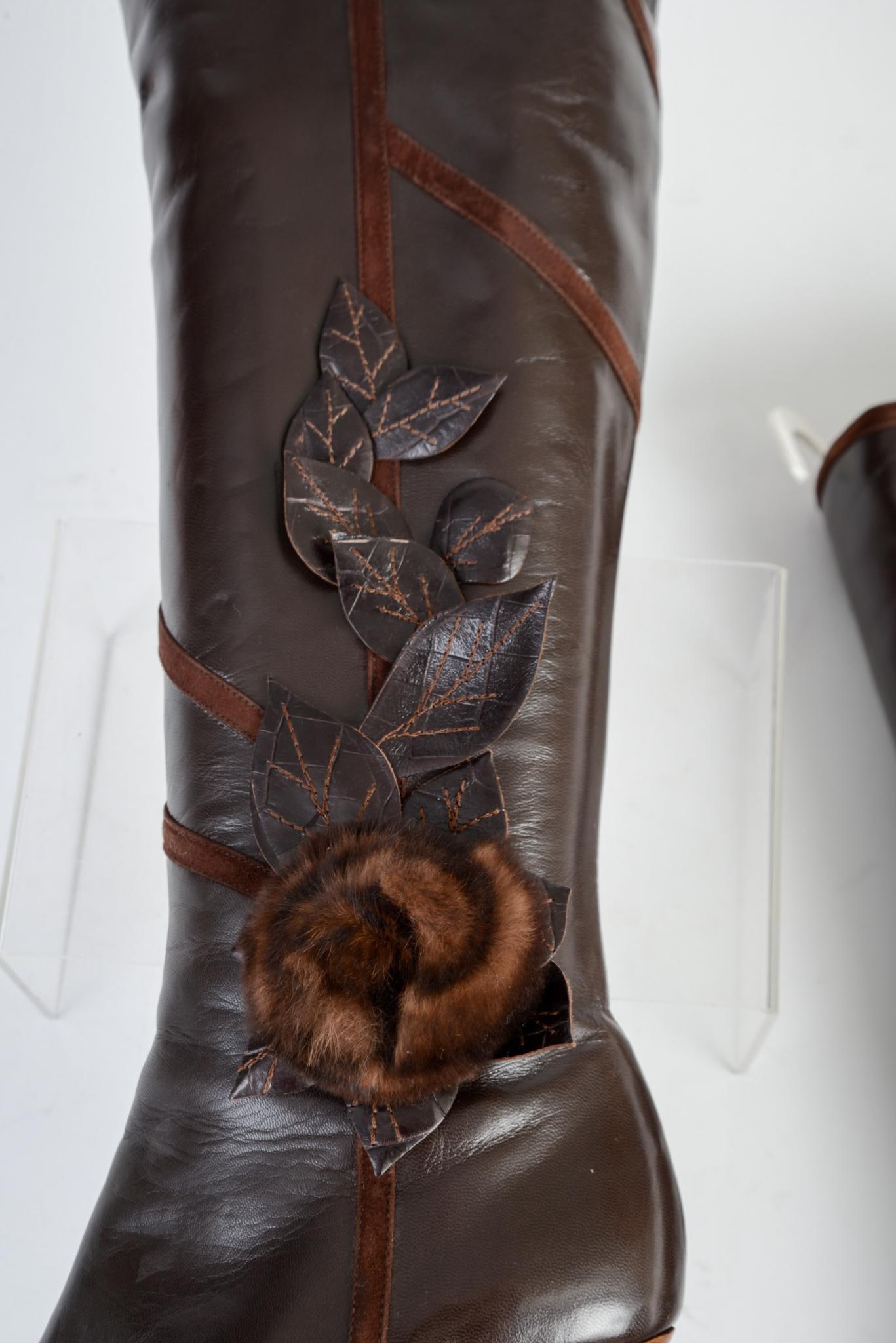 Valentino Knee High Suede and Leather with Fur Flower Boots., 40.5 (1 of 8)