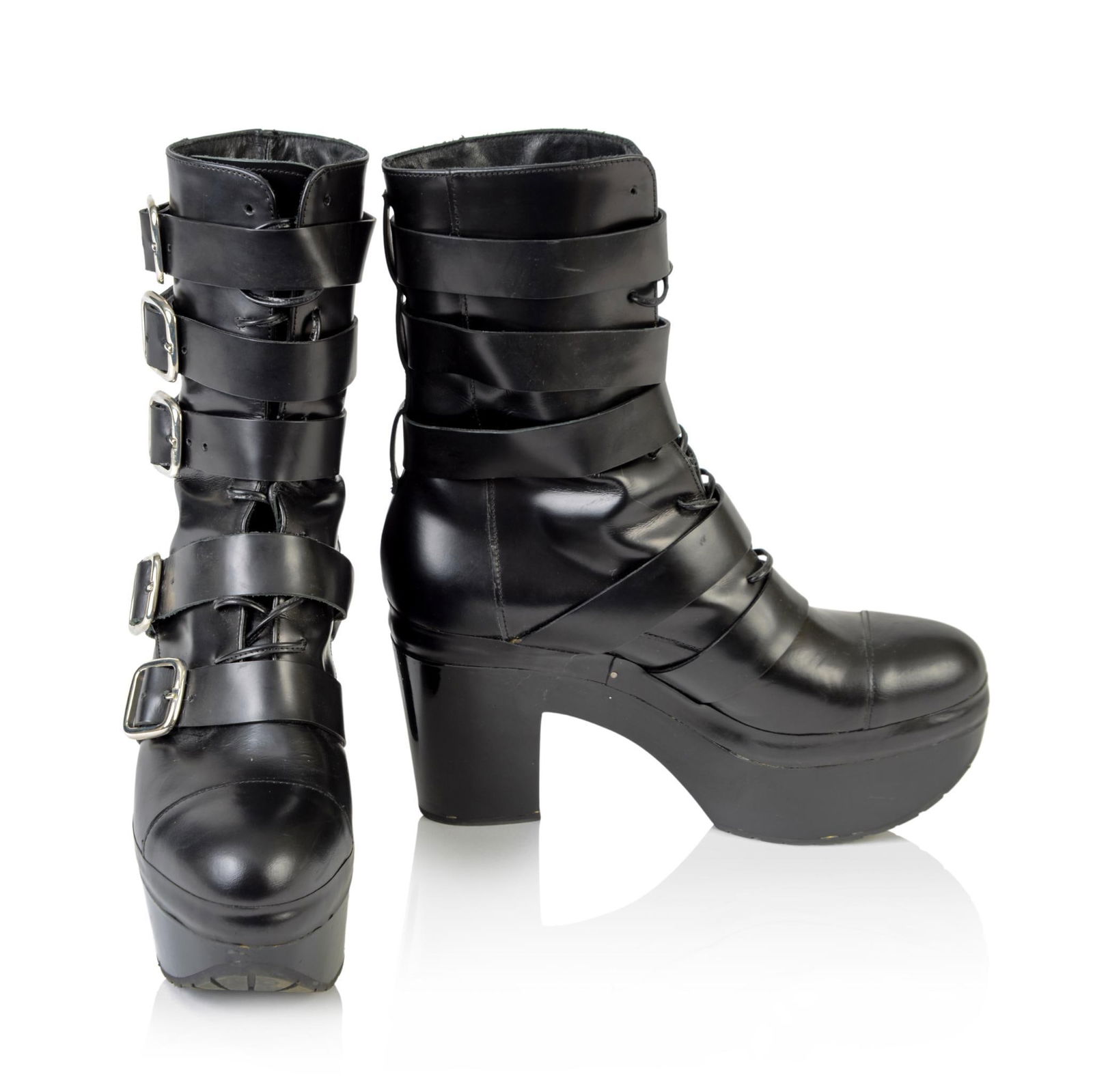John Rocha Leather Platform Booties With Buckles, 40: Size 40, Black CONDITION:These are used articles, and may exhibit minor stains, wear, slight odors, and other minor defects. We have attempted to show any major damage in photographs and note it in th