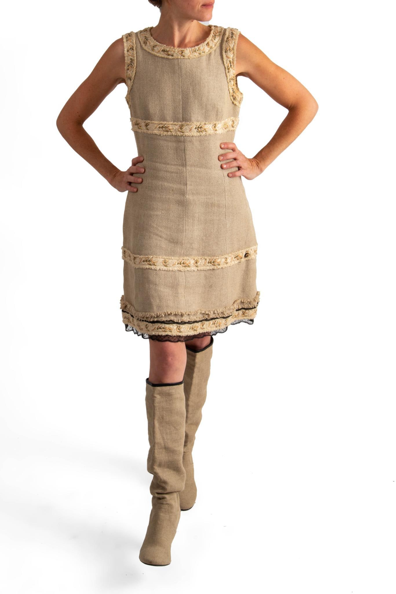 Chanel Sleeveless Linen and Silk Dress, 38: Size 38, logo with tree, some spot staining CONDITION:These are used articles, and may exhibit minor stains, wear, slight odors, and other minor defects. We have attempted to show any major damage in