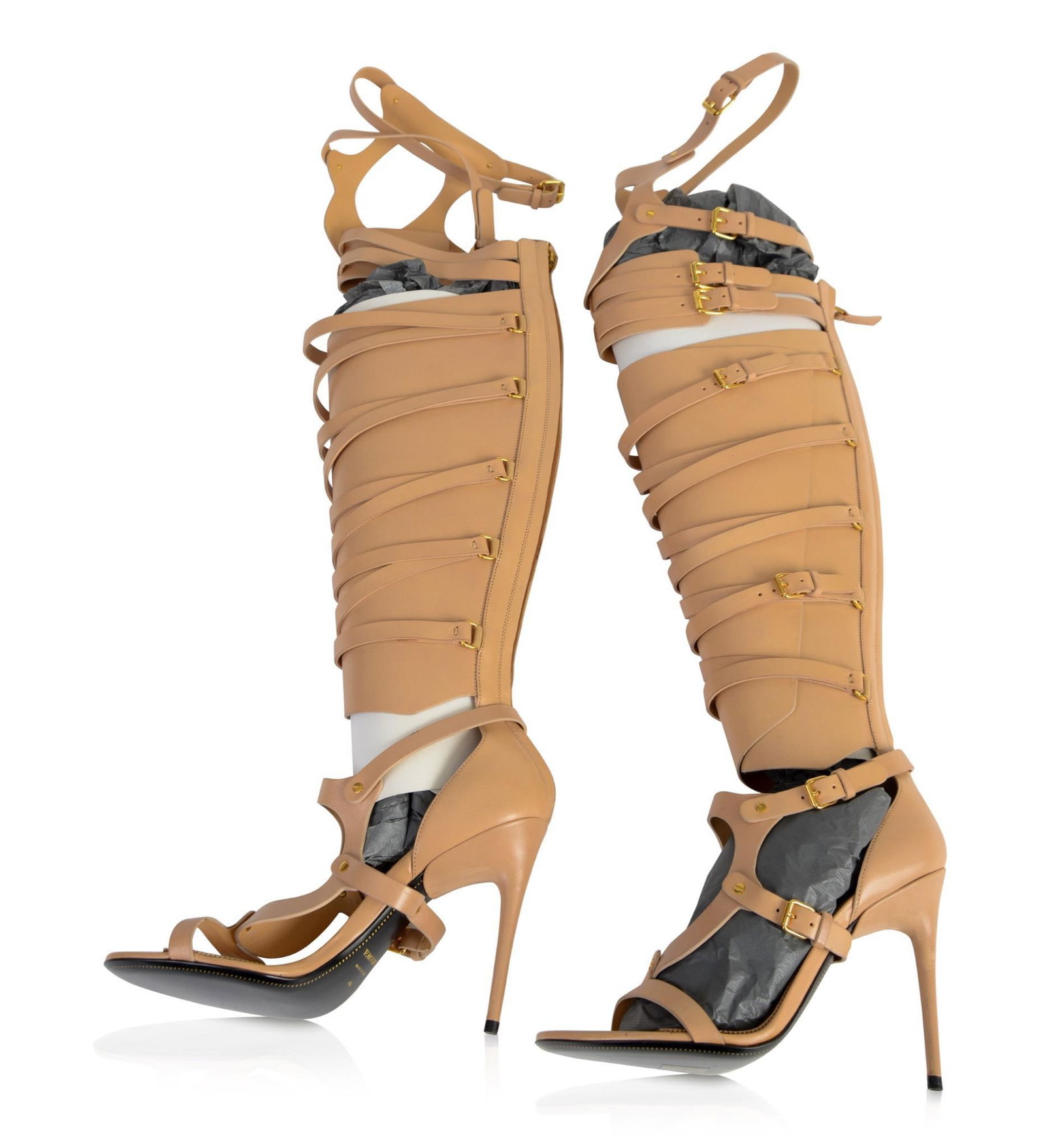 Tom Ford Thigh High Strappy/Gladiator Heels, New with Bags, 40: Size 40, Beige/Tan CONDITION:These are used articles, and may exhibit minor stains, wear, slight odors, and other minor defects. We have attempted to show any major damage in photographs and note it i