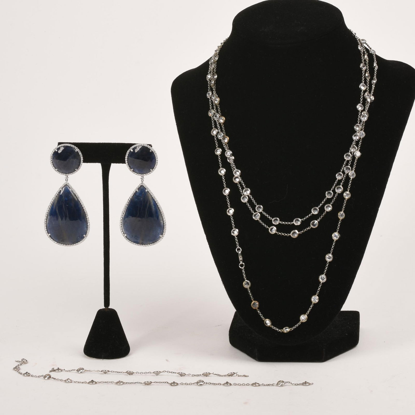 Pair of Diamond and Blue Stone Dangle Earrings (1 of 3)