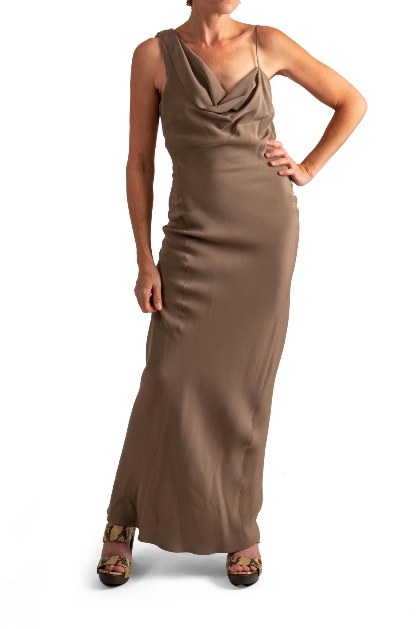 ETRO Evening Gown, 0-2: Size 0-2, asymmetrical straps, draped neckline, taupe CONDITION:These are used articles, and may exhibit minor stains, wear, slight odors, and other minor defects. We have attempted to show any major