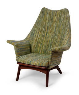 Adrian Pearsall Wingback Lounge Chair.: Made by Craft Associates, c. 1960, upholstered with walnut legs, repaired rear leg. Seat height 15 inches, overall height 44 inches.