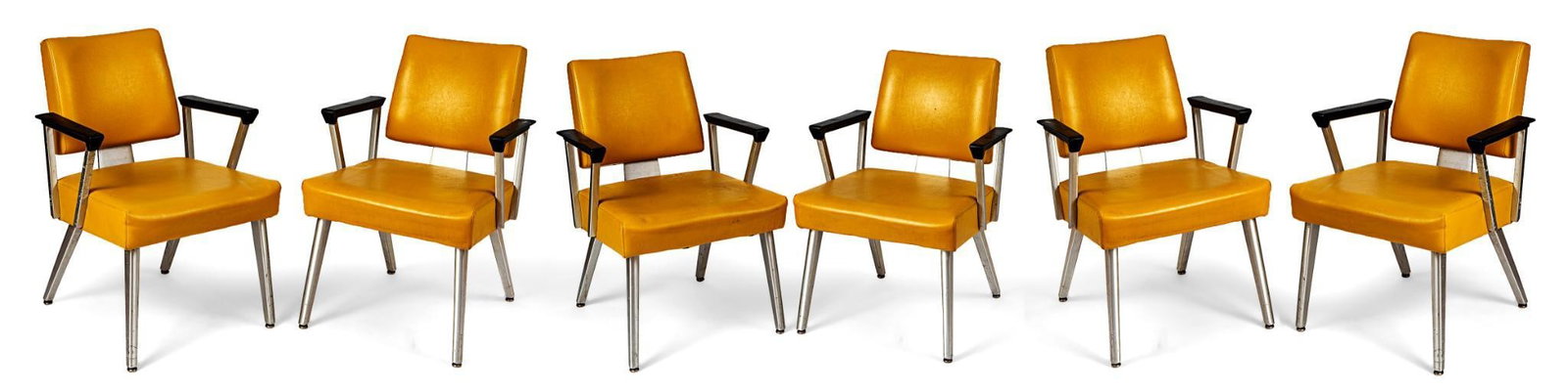 Six Yellow Good Form Brushed Aluminum Armchairs: Company label, seat height 18 inches, overall height 32 inches.