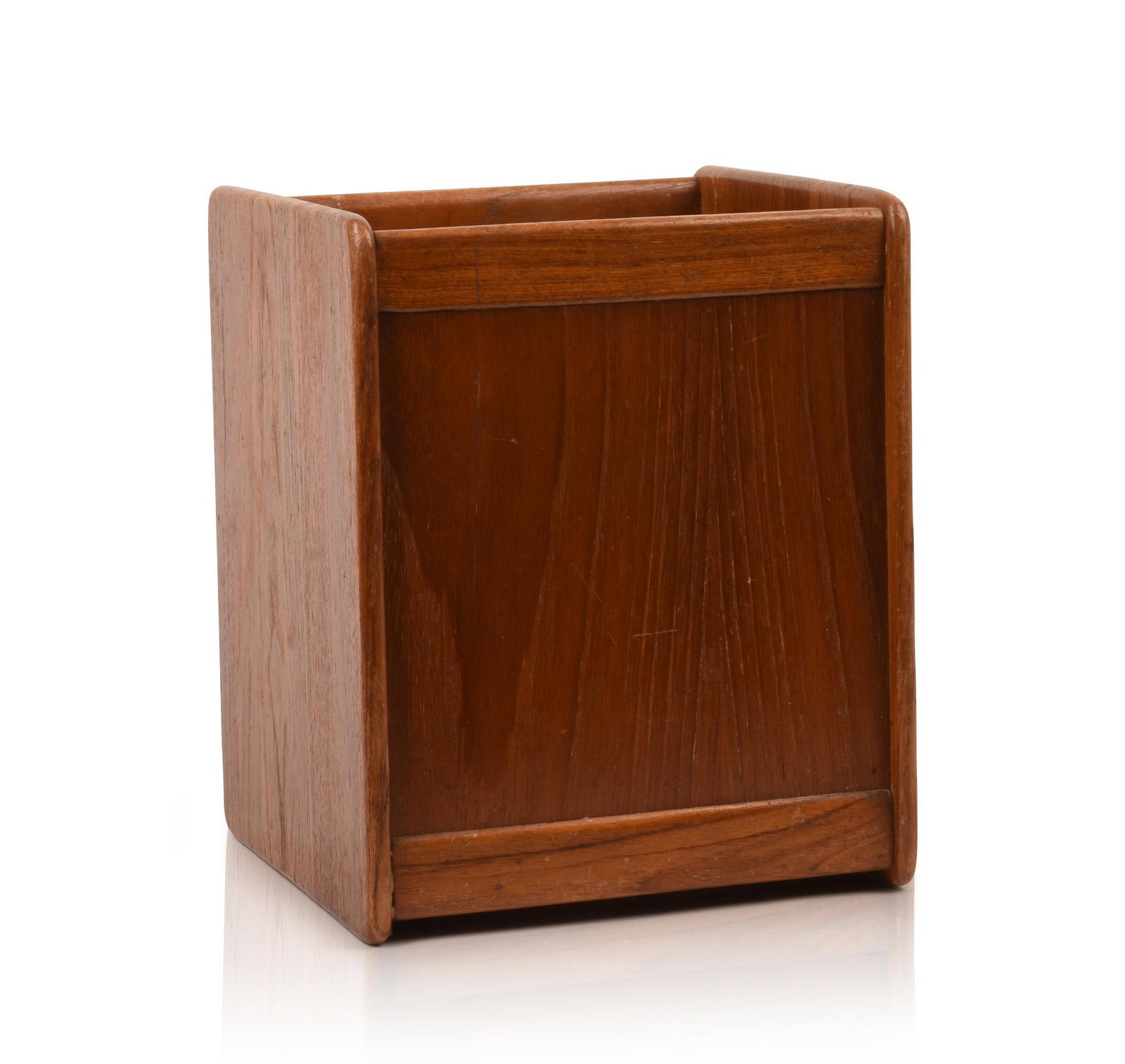 Small Mid Century Teak Waste Basket: Height 11 inches, width 9 inches.