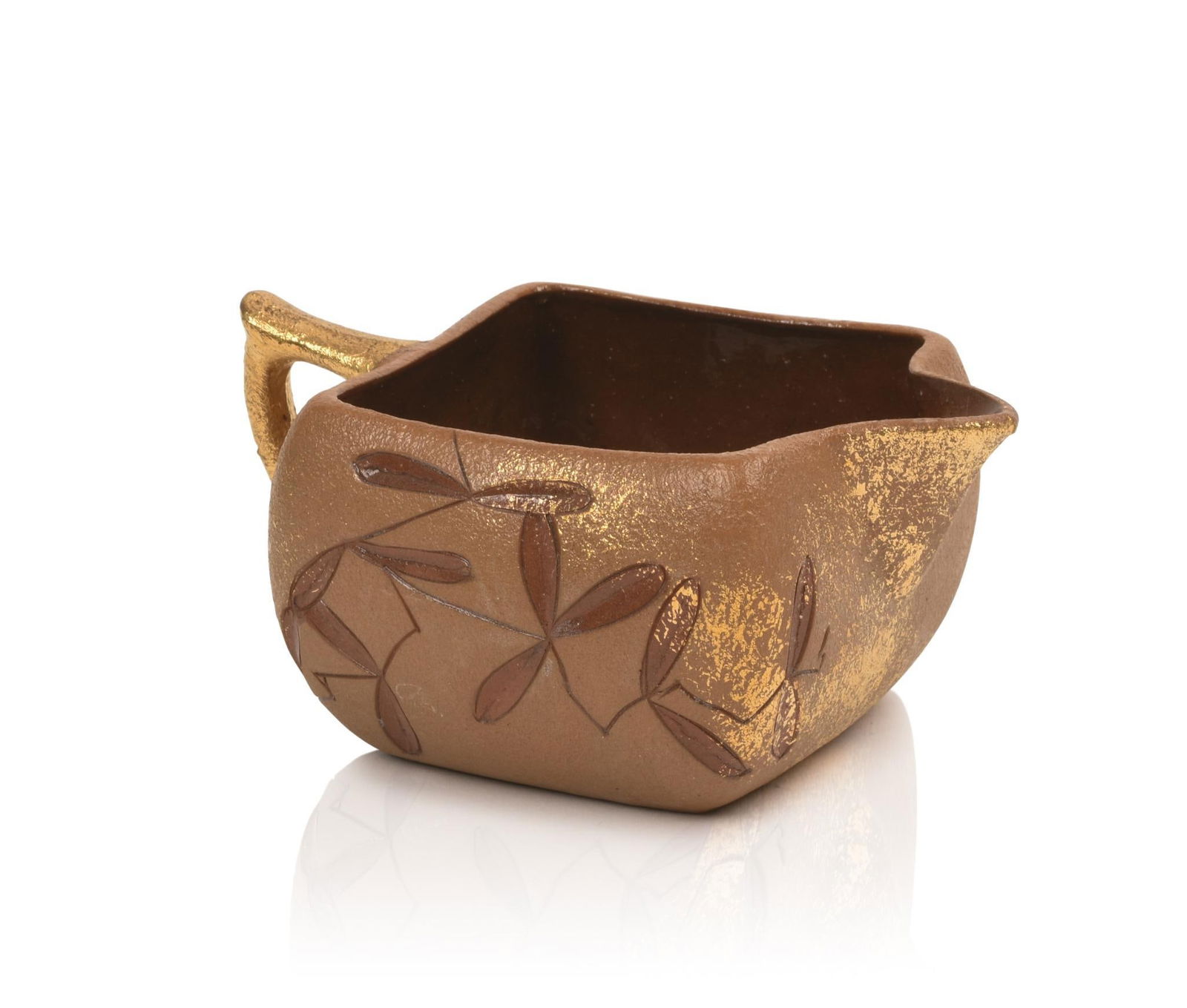 Early Rookwood Pottery Creamer.: Incised Japanesque flower and leaf decoration, gilt highlights, signed "Rookwood" and artist signed by Anna Marie Bookprinter (later Valentien), dated 1885. Height 2.125 inches.