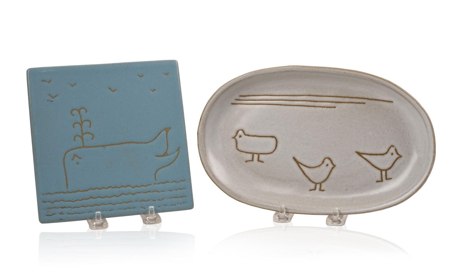 Two Gordon and Jane Martz Ceramic Items.: Including a tray decorated with shore birds and a trivet decorated with a whale, both signed. Trivet 6.5 inches square.