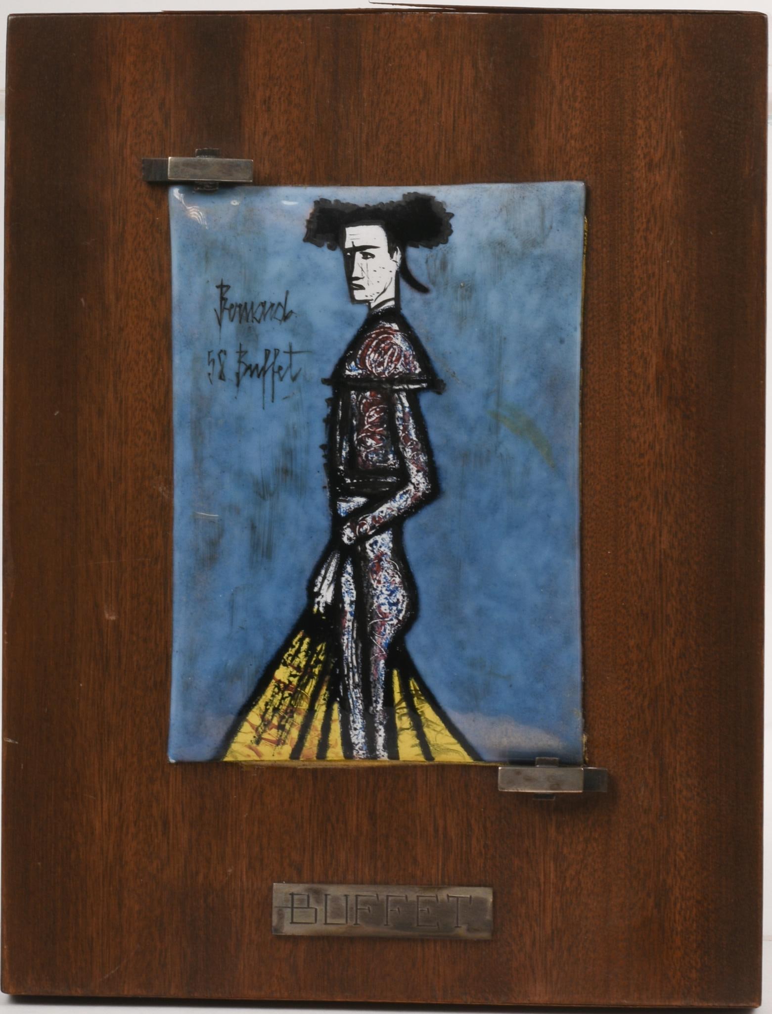 Bernard Buffet Enamel Plaque.: Plaque 5.258x 3.75 inches, backplate 9 x 7 inches.
