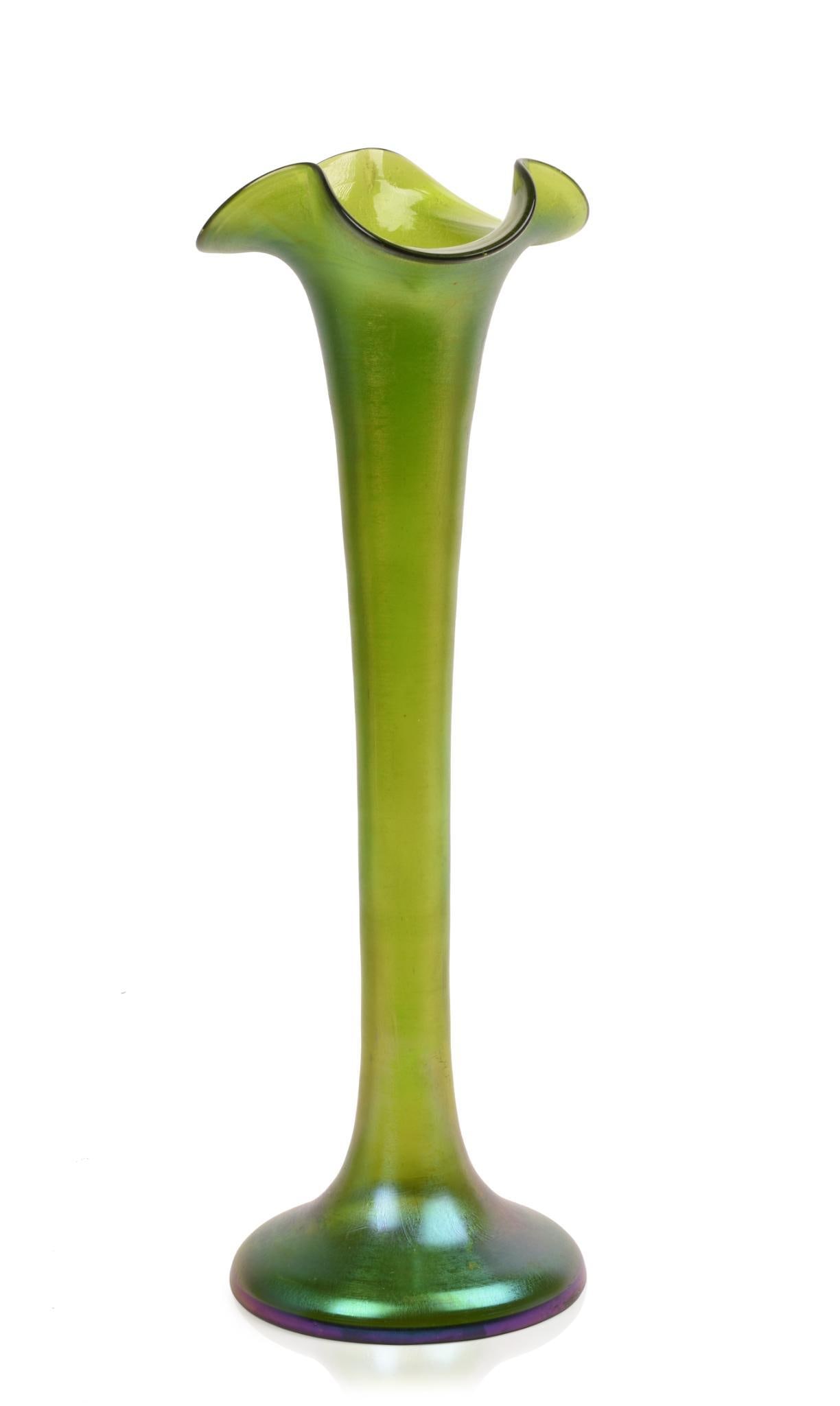 Bohemian Iridescent Art Glass Trumpet Vase. (1 of 3)