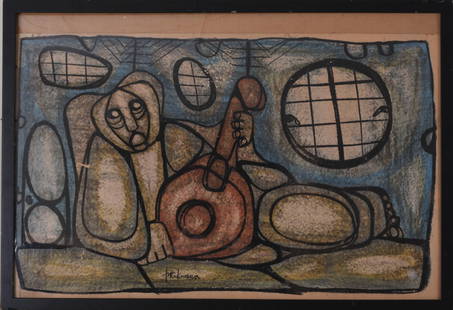 Hargreaves Ntukwana (1938-1999). Musician.: Signed lower middle. Gouache on paper, 24 x 39 inches, sight. Frame 29 x 42 inches.