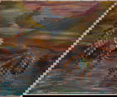 Impressionist Painting With Clam Diggers: Signed Winter and dated 1953, lower right. Possibly the work of Andrew George Winter (1893 - 1958).