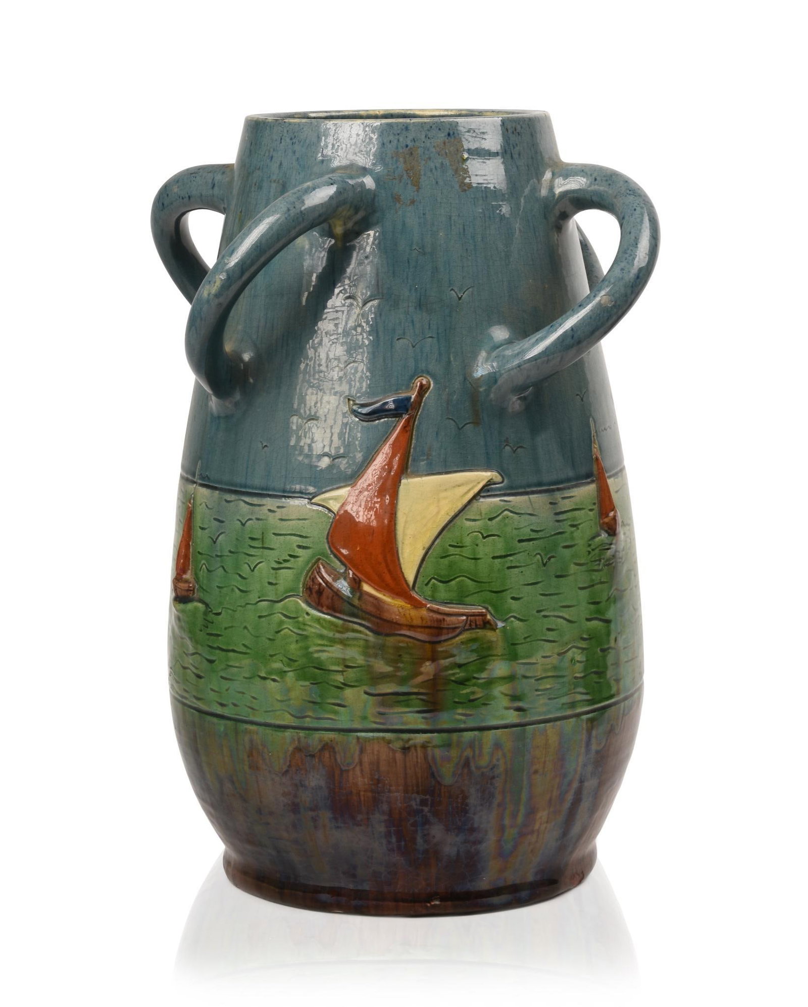 Large Belgian Studio Pottery Vase With Sailboats.: Circa 1920, height 15 inches, excellent condition.