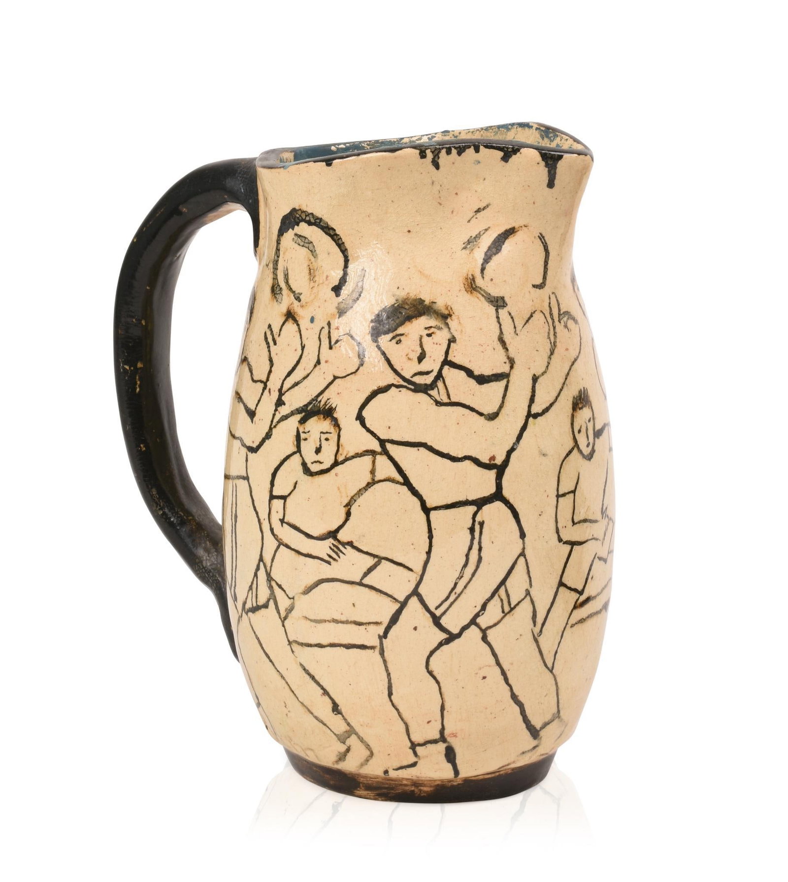 Studio Potery Pitcher With Figures: Height 8.5 inches, signed Ben W. on base.