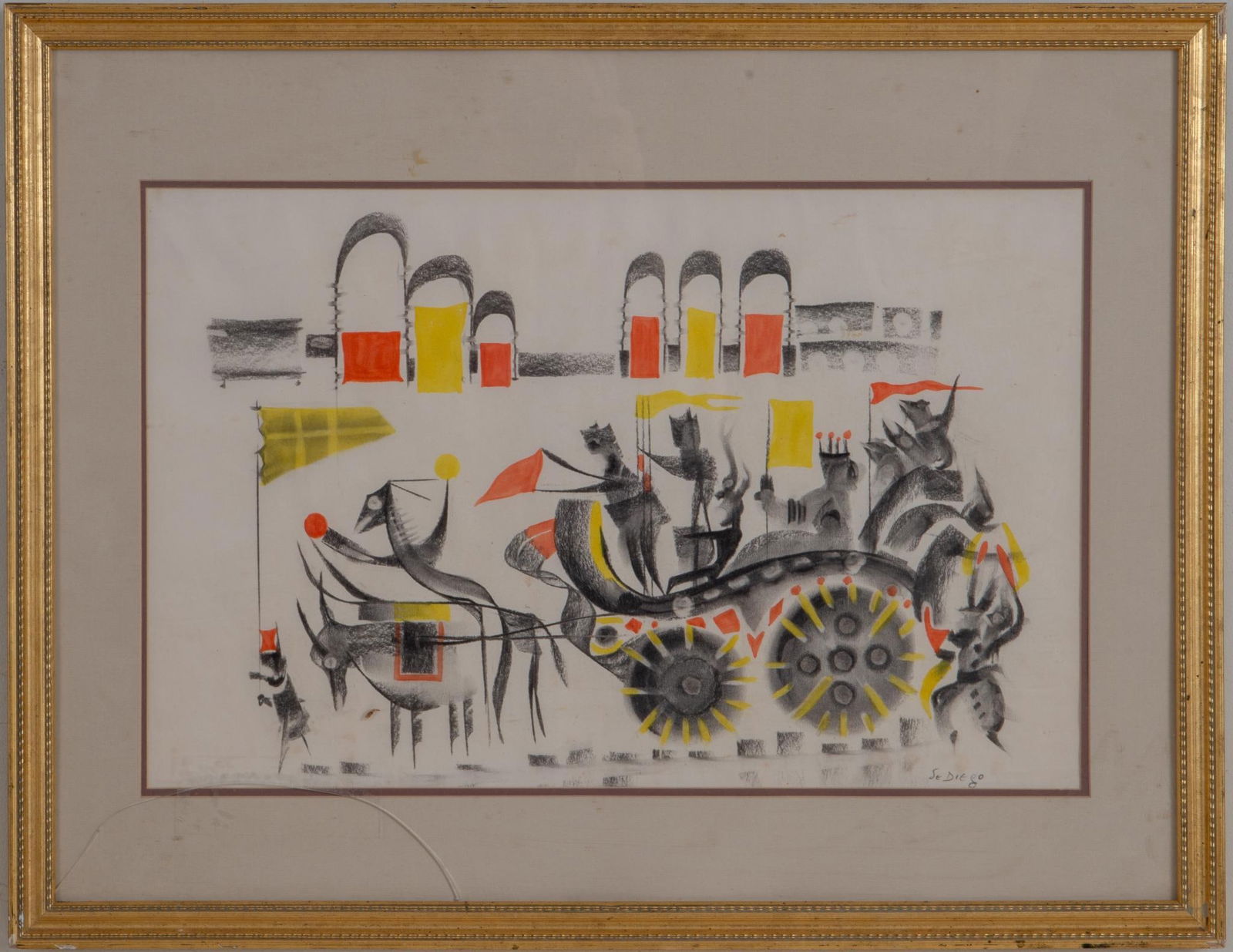 Julio De Diego (1900 - 1979). Chariot Riders.: Pastel on paper, 14.5 x 22.5 inches, sight, signed lower right. Framed, 23 x 29 inches. Break to glass.
