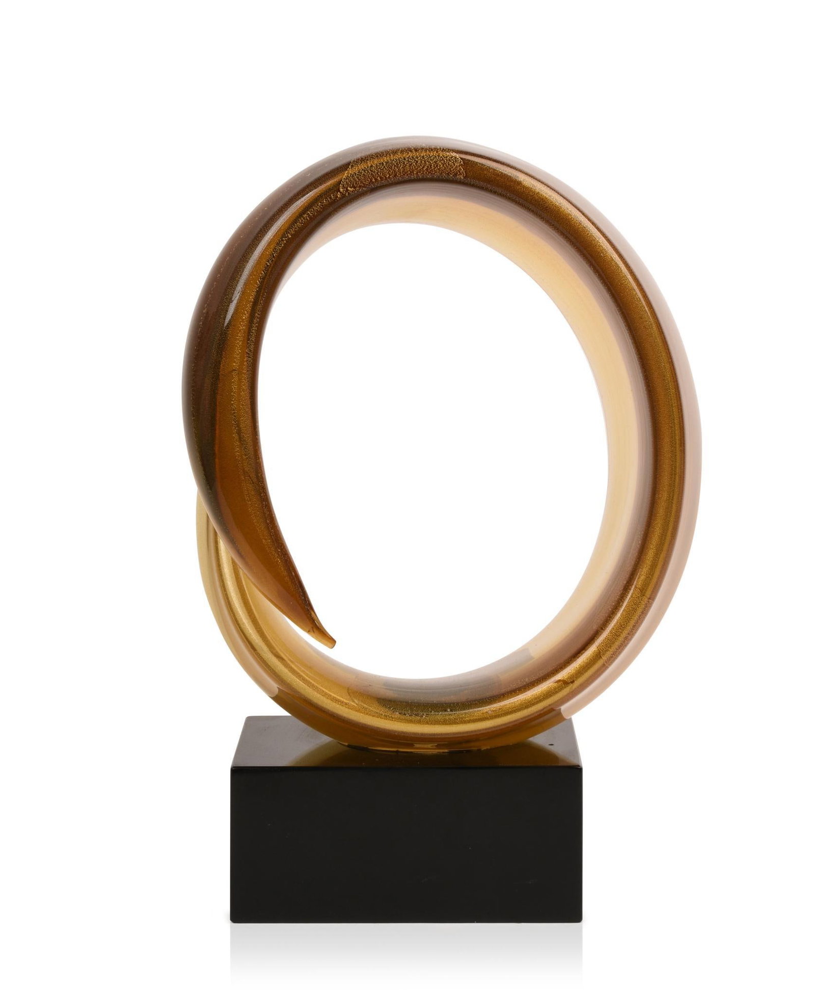 Daue Oval Glass Sculpture.: mounted on a black glass base. approx. 17 inches high, 11 1/4 inches wide, 6 1/2 inches deep. signed on base.