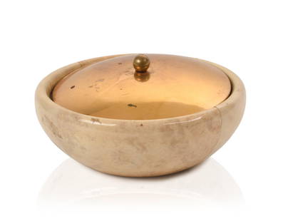 Macabo Covered Bowl, designed by Aldo Tura.: brass and laquered goatskin parchment, approx. 7 inches diameter, 3 1/2" inches high